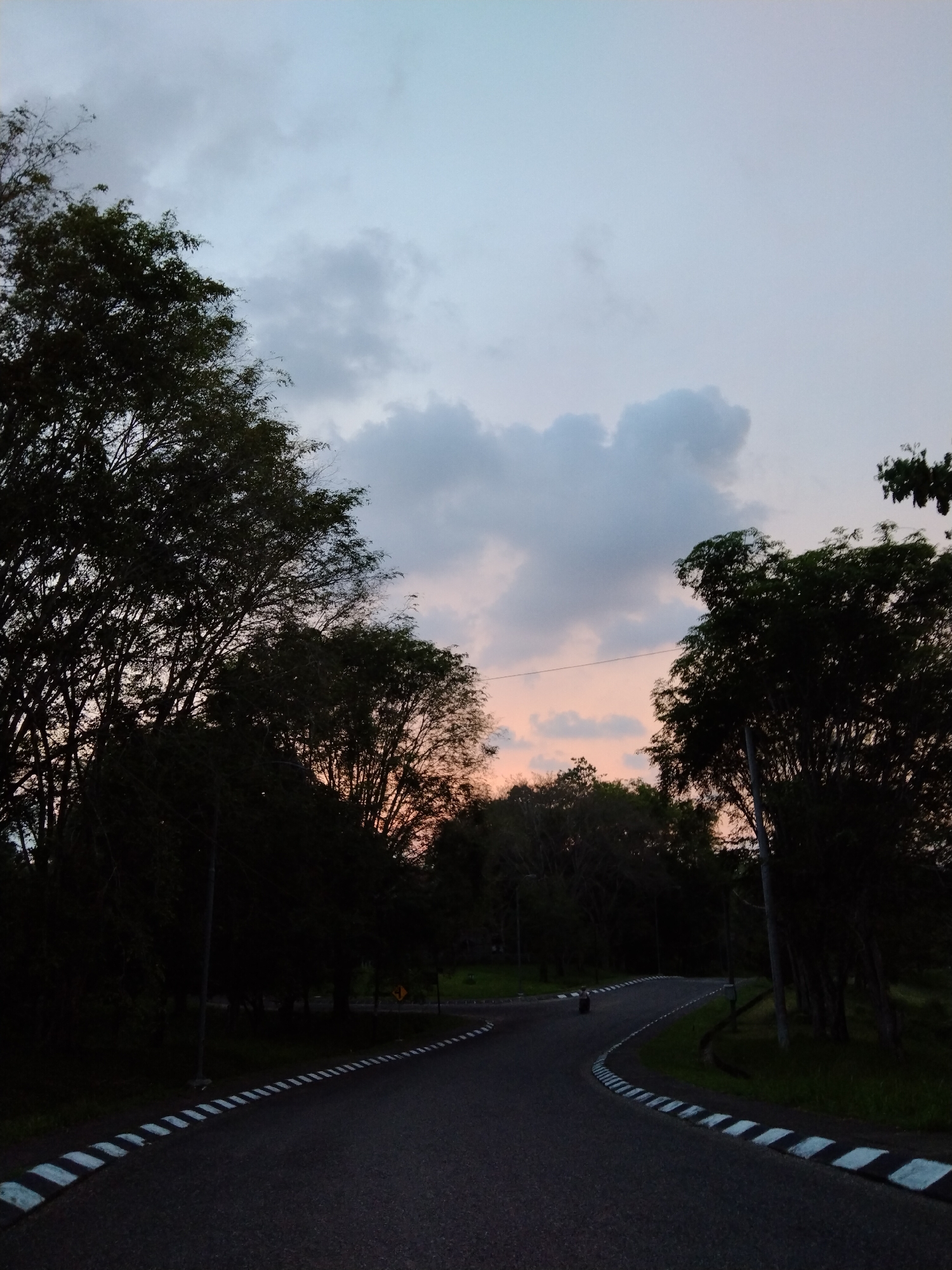 The image captures a curved asphalt road in Lhokseumawe, Indonesia, flanked by dense trees on both sides. The road markings consist of alternating black and white stripes on the sides. The sky is visible in the background, showcasing a mix of pale blue, grey, and a hint of orange, suggesting either a sunset or sunrise. The overall lighting is subdued, creating a dimly lit environment. There are no people visible in the frame.