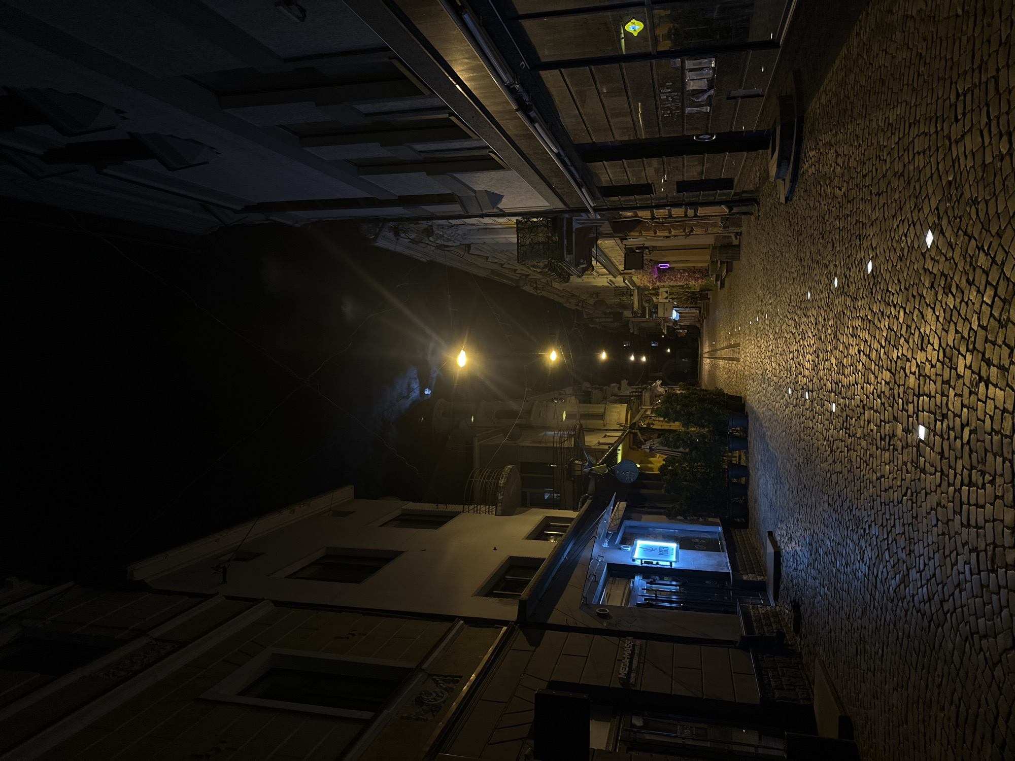 This is an outdoor night scene in Ternopil, Ukraine. The camera is oriented vertically, looking down a narrow street paved with cobblestones. Recessed lights are visible in the cobblestones. Buildings line both sides of the street. Streetlights illuminate the scene. One building features a blue sign that reads "RCH." There are a few trees and other greenery. Electrical wires run overhead. The sky is not visible.