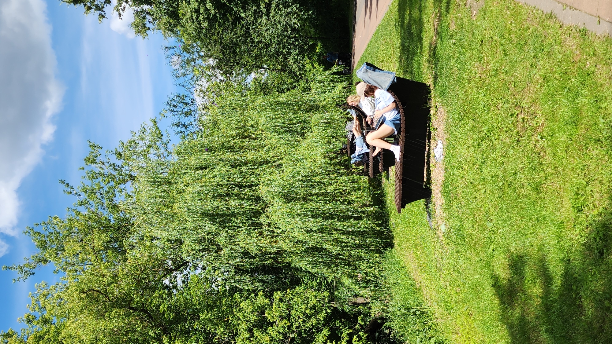 In a park in Moscow, Russia, on a sunny day, two individuals are resting on wooden benches placed on a grassy slope. One person, wearing blue shorts and a light-colored shirt, is lying on a bench and appears to be reading a tablet. Another individual, also on a bench and partially obscured, is wearing denim shorts and a white shirt and also seems to be engaged with a device. A large weeping willow tree dominates the background, its branches creating a lush green canopy. The ground is covered in green grass, with a paved path visible to the right, suggesting a public park setting. The sky above is blue with scattered white clouds.