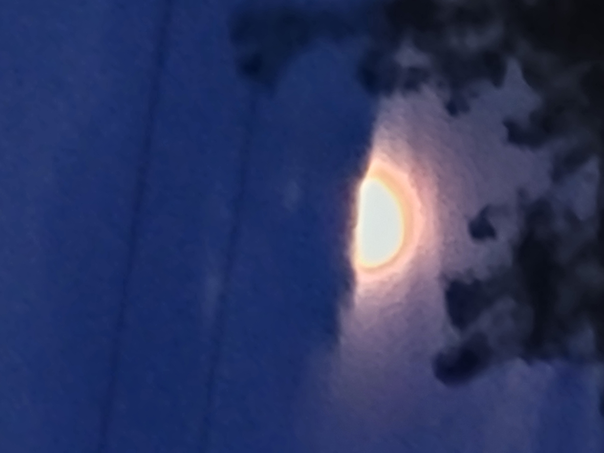 The image depicts a nighttime scene with a celestial body, likely the moon, partially obscured by clouds and silhouetted tree branches in the foreground. The sky is a deep blue, transitioning to darker shades. A bright, diffused light source, possibly the moon, glows with a warm, orange-pink hue, surrounded by a halo effect. Dark, amorphous shapes, suggestive of foliage or abstract forms, are visible against the sky. One or two faint horizontal lines, possibly power lines, stretch across the upper portion of the frame. The overall image is soft and somewhat unfocused, creating an atmospheric and mysterious effect. There are no people or discernible landmarks to indicate a specific location within the city of Jelgava, Latvia.