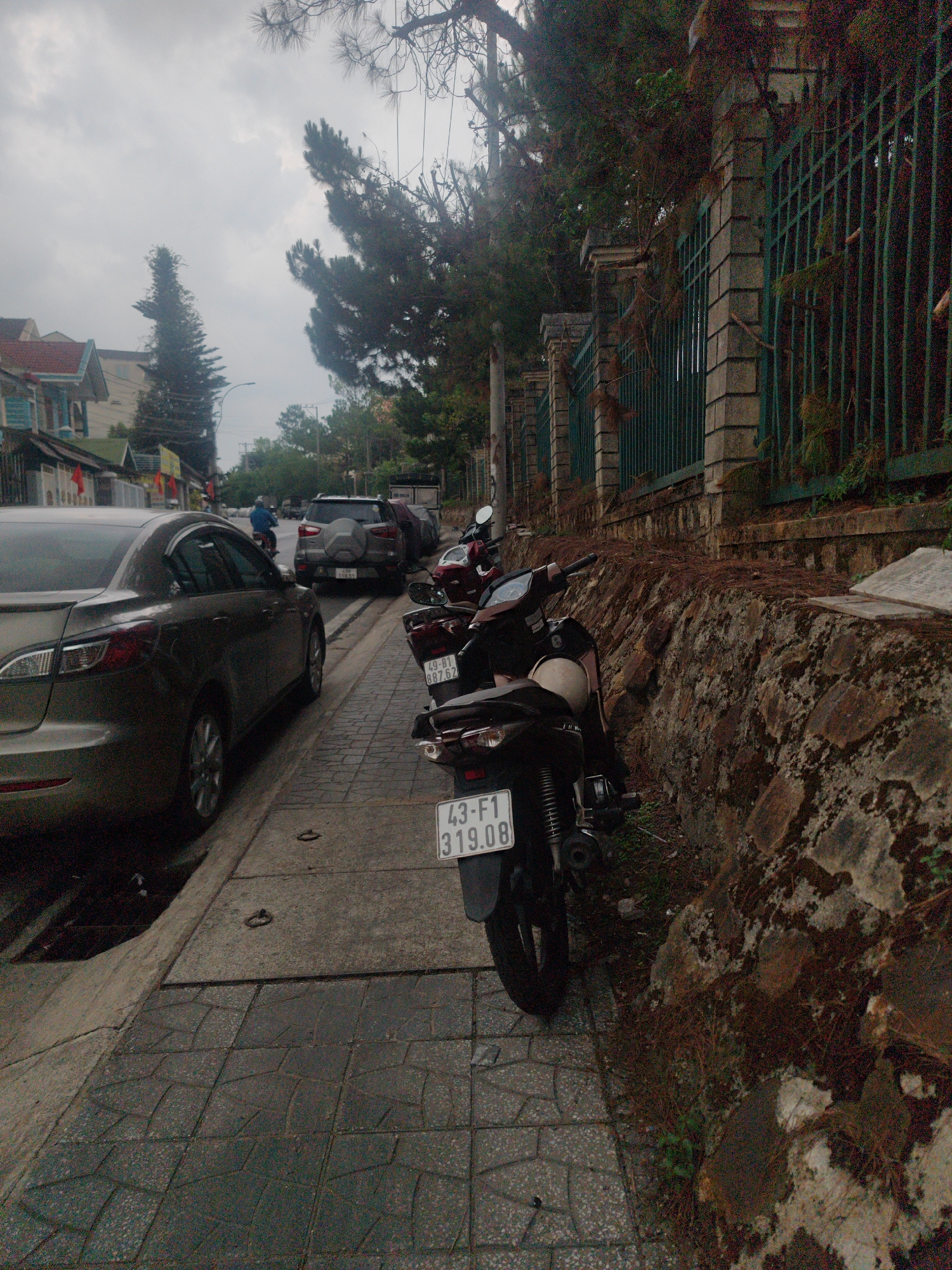 This image captures a street scene in Cam Ly - Đà Lạt, Vietnam, on an overcast day. The perspective is from a pedestrian viewpoint, looking down a road flanked by a sidewalk and buildings.
On the left side of the frame, a dark grey sedan, resembling a Mazda 3, is parked by the curb. Beyond it, a street extends into the distance, lined with houses featuring red tiled roofs and light-colored facades. Further down the road, a silver SUV, possibly a Ford EcoSport with a rear-mounted spare tire, is visible, along with a person on a motorbike wearing a blue top.
The right side of the image features a paved sidewalk next to a robust stone retaining wall. This wall is topped by a green metal fence with decorative stone pillars, behind which numerous tall, pine-like trees dominate the upper right portion of the frame and the background. The stone wall itself shows signs of moss and natural growth, with dried pine needles scattered on the ground at its base.
Several motorbikes are parked on the right sidewalk. The closest motorbike, positioned centrally in the foreground, displays the Vietnamese license plate "43-F1 319.08". Another motorbike parked behind it has the license plate "49-B1 887.62". The SUV in the distance has a partially visible license plate: "49A 298.51".
The sky is uniformly cloudy and grey, suggesting an overcast day without direct sunlight. The scene depicts typical daily life on a Vietnamese street, with parked and moving vehicles amidst a mix of urban buildings and natural elements like trees and a stone wall. The overall mood is calm and ordinary.