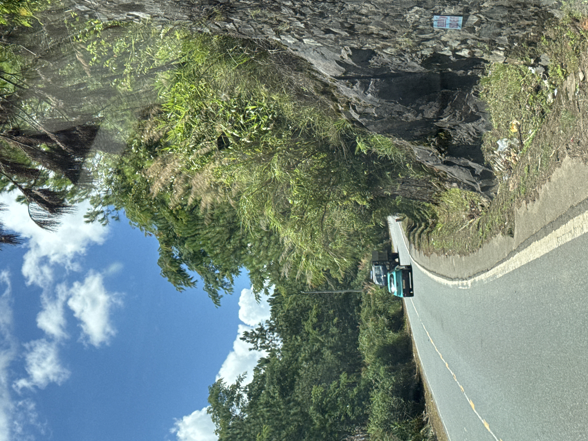 This is a photograph taken from a moving vehicle on a paved road that curves to the left, bordered by a steep, rocky incline on the right and lush vegetation on the left. The road has yellow and white dividing lines. In the foreground, a teal-colored car is driving away from the viewer, followed by a dark-colored truck. The environment is characterized by dense green foliage and trees that line the roadside, extending up the slopes. The sky above is bright blue with scattered white clouds. There is some trash visible at the base of the rocky incline on the right side of the road. On the rocky face, there is a small, light blue sign with some text on it. The scene appears to be a scenic mountain road in a rural or natural area. This image depicts a road in Thôn 6, Vietnam.
