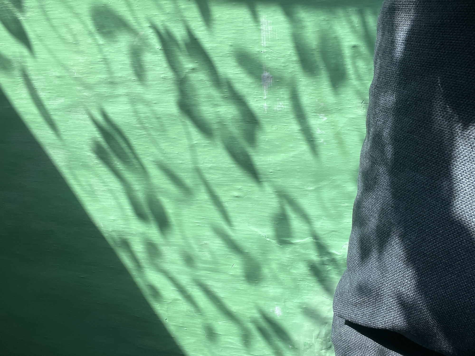 A close-up image shows a section of a textured, light green painted wall with shadows of foliage cast upon it. The right side of the image is partially obscured by a dark grey fabric, likely clothing. The strong lighting suggests a bright, sunny day. The location in the city of Nizhny Tagil, Russia, is not discernible from the visual information provided.