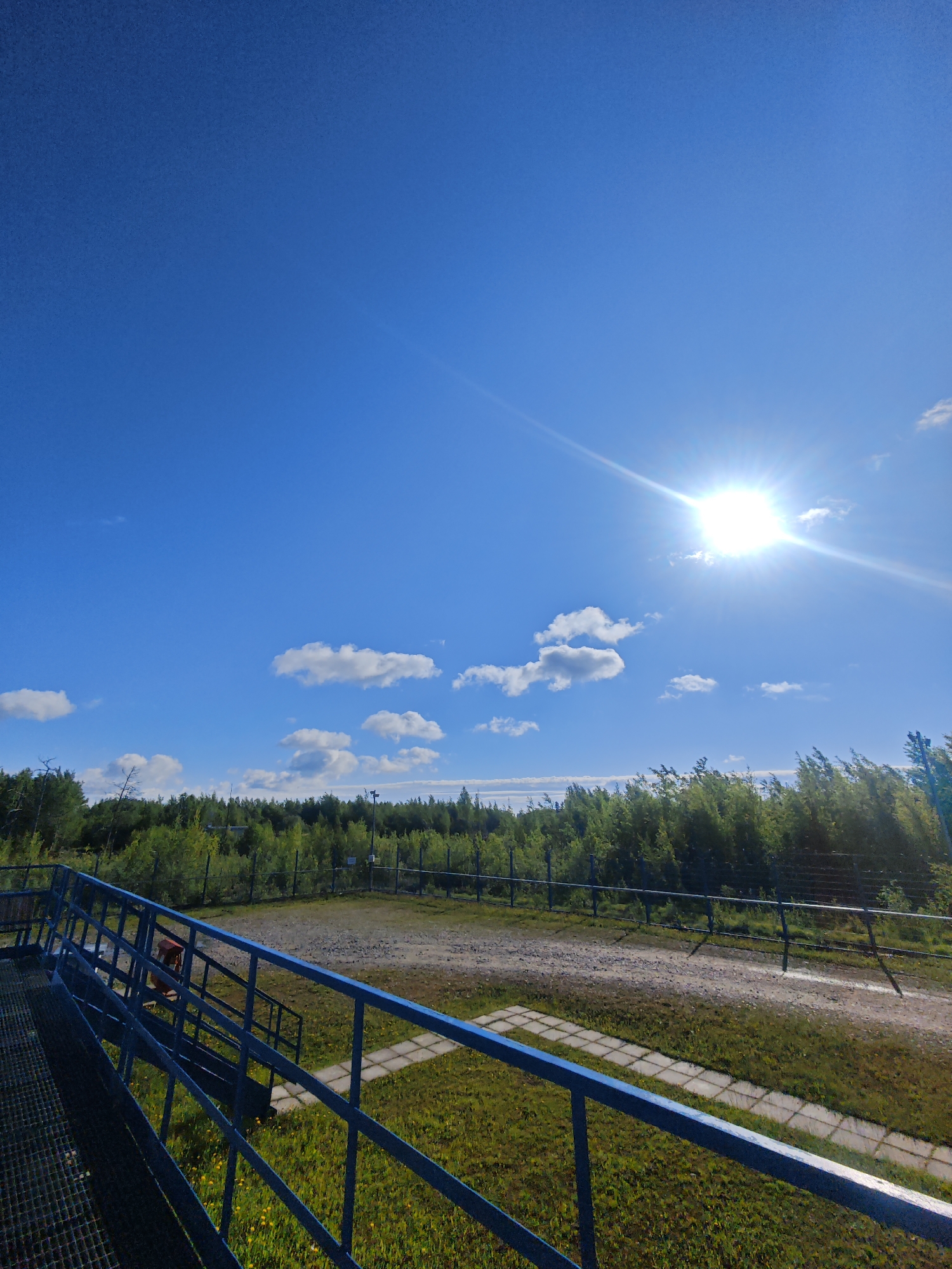 The image depicts an outdoor scene under a bright blue sky with scattered white clouds. The sun is prominently visible in the upper right quadrant, casting a strong glare. In the foreground, a blue metal railing and staircase structure dominates the left side of the frame. The structure appears to be made of perforated metal grating for the steps and solid metal bars for the railing. To the right of the structure, there is a grassy area with some yellow wildflowers. A gravel path runs parallel to the fence line. Beyond the path and grass, a dense line of green trees and foliage forms the background. A metal fence runs along the perimeter of the treeline. The overall environment suggests an industrial or utility area bordering a wooded natural landscape. There are no people visible in the image.