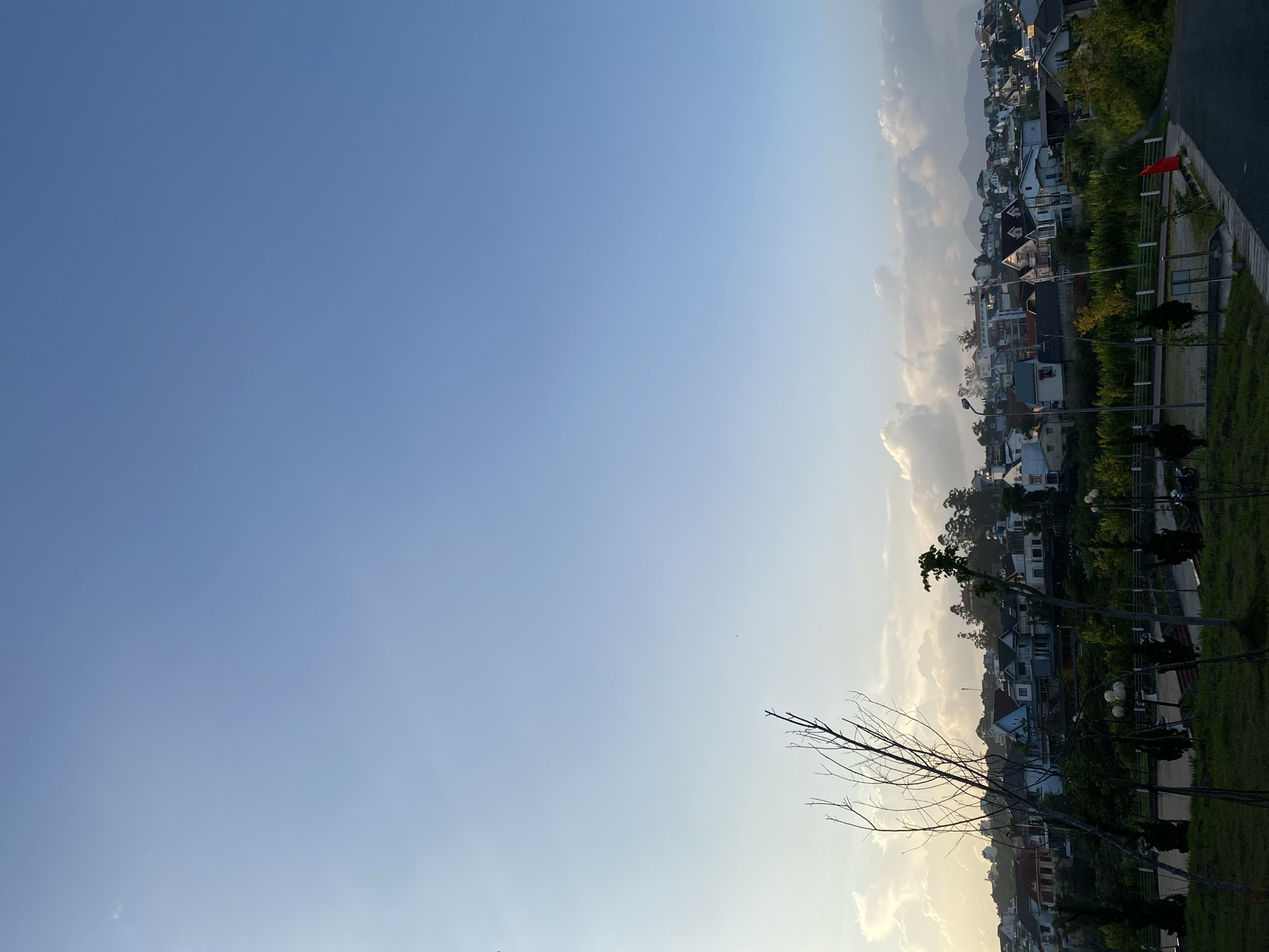 The image depicts a panoramic view of a residential area in Lâm Viên - Đà Lạt, Vietnam, likely taken during the late afternoon or early evening. The sky is a clear, pale blue, with a few wispy clouds scattered near the horizon, illuminated by the setting sun. In the foreground, a grassy area transitions into a paved path and a road, with several young trees and some bare branches of a larger tree visible. A small section of a park or garden area is also present, with lampposts and a red flag.
The midground is dominated by a densely populated hillside covered with numerous houses of varying architectural styles and colors, predominantly white, beige, and gray, with some featuring darker roofs or accents. The houses are built on a slope, creating a tiered effect. Lush green vegetation, including bushes and trees, intersperses the residential structures and covers the undeveloped areas of the hillside.
In the background, the landscape rises into rolling hills and mountains, partially obscured by the houses and vegetation. The overall scene suggests a tranquil, suburban environment with a blend of natural and man-made elements characteristic of Đà Lạt's hilly terrain. No people or specific actions are discernible in the image.