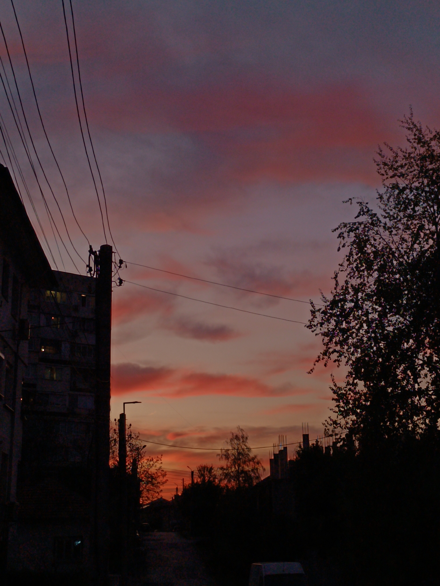 The image depicts an urban or suburban landscape at dusk or sunset in Pleven, Bulgaria. The sky is the most prominent feature, displaying a rich array of colors including deep purples, blues, pinks, oranges, and reds, indicating the time of day. Streaky clouds are illuminated by the setting sun, creating a dynamic and vibrant backdrop.
In the foreground and midground, various elements are silhouetted against the colorful sky. To the left, a multi-story building, likely an apartment block, stands dark, with a few windows faintly glowing from interior lights. A utility pole heavily laden with power lines occupies the left-center, extending horizontally across the frame. On the right, a large, leafy tree is prominently silhouetted, its branches and foliage forming a dark outline.
Along the lower horizon, further buildings and trees are visible as dark shapes, suggesting a residential area or street. Silhouetted streetlights also dot the scene. The ground or street level is largely dark, almost black, with a small portion of a light-colored vehicle, possibly a white van, visible in the bottom right corner, also in shadow. There are no people visible, and no specific activity is taking place. The overall impression is one of serene twilight, contrasting natural beauty with urban infrastructure. No text is visible in the image.