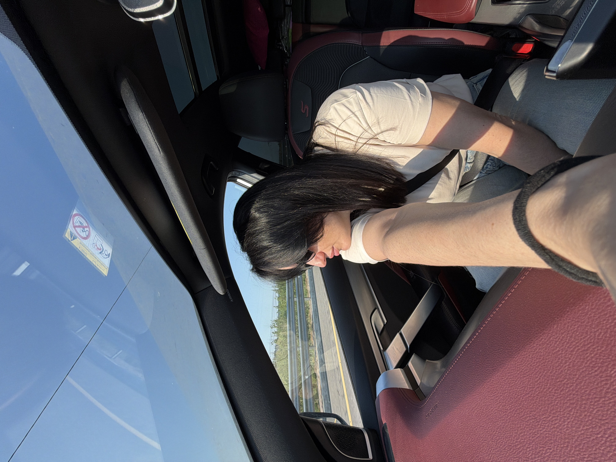 An indoor shot captures two individuals inside a car, with the focus on a woman in the passenger seat and the arm of the photographer in the foreground. The woman, with long dark hair and sunglasses, is looking out the side window. The interior of the car features a sunroof, a red leather-accented dashboard, and car seats with red and black upholstery. Outside the car, a highway with a metal barrier and vegetation is visible. The scene is illuminated by natural light, suggesting it is daytime. The image does not provide any specific information or context to determine a location in the city of Фёдорово, Russia.