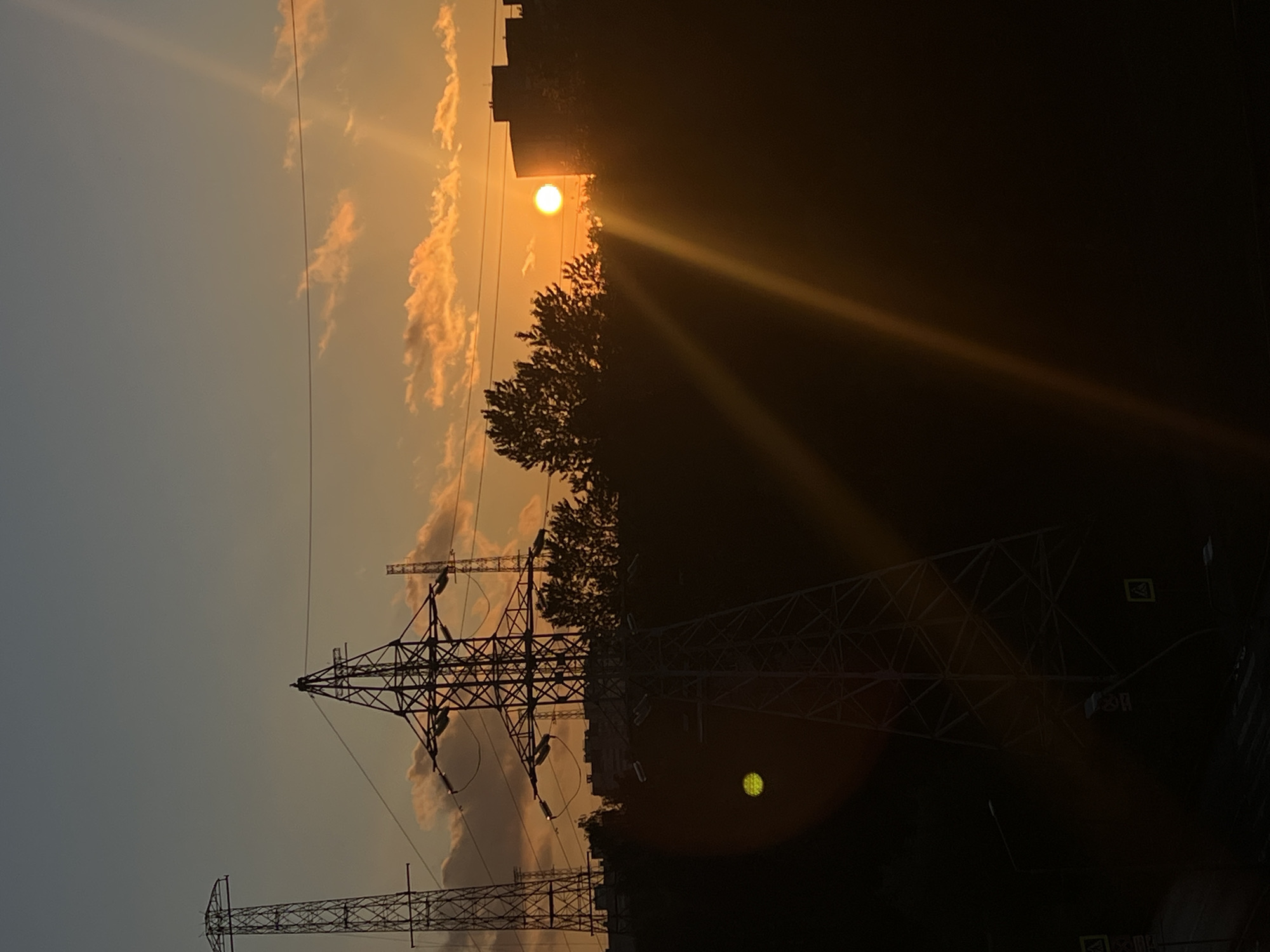 This is a photograph taken in Saint Petersburg, Russia, during sunset. The image features a dramatic interplay of light and shadow, with the sun, a bright orb, casting long, golden rays across the sky. The sky is a gradient of soft oranges and grays, with wispy clouds tinged by the setting sun.
Dominating the foreground are silhouettes of towering power line pylons. Their intricate latticework is starkly outlined against the luminous sky. Trees, their branches dark and dense, cluster around the pylons, creating a natural contrast to the industrial structures. In the background, the dark silhouette of a building is visible, partially obscuring the sun.
The overall mood is serene and somewhat dramatic, evoked by the warm sunset colors and the stark silhouettes. The scene suggests an urban or semi-urban landscape where nature and infrastructure coexist. The image is oriented vertically. There is no visible text in the image.
