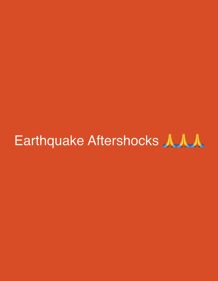 The image displays a plain, orange background. In the bottom center of the frame, white text reads "Earthquake Aftershocks" followed by three praying hands emojis. The location of Davao City, Philippines is not depicted or implied in the image.