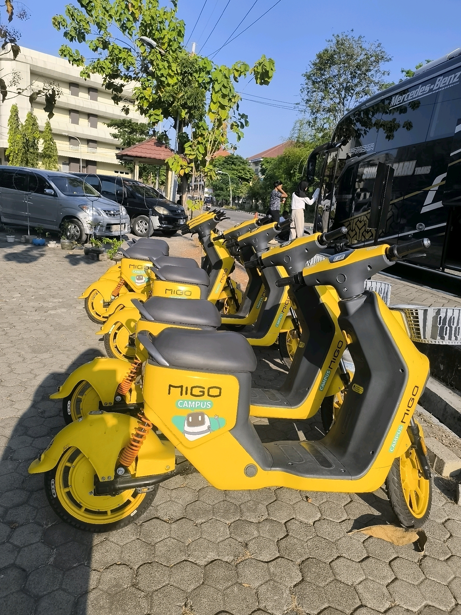 In Surabaya, Indonesia, a row of bright yellow Migo Campus electric scooters is parked on a hexagonal paver surface. The scooters, with black seats and gray handlebars, are lined up facing right. Behind them, a large black Mercedes-Benz bus with "PARIWISATA" and "TRANS" visible on its side is parked. Several people, one wearing a white hijab and another in a patterned shirt, are near the bus. In the background, a light-colored building with arched windows and a large tree with green leaves are visible. The scene is under a clear blue sky.