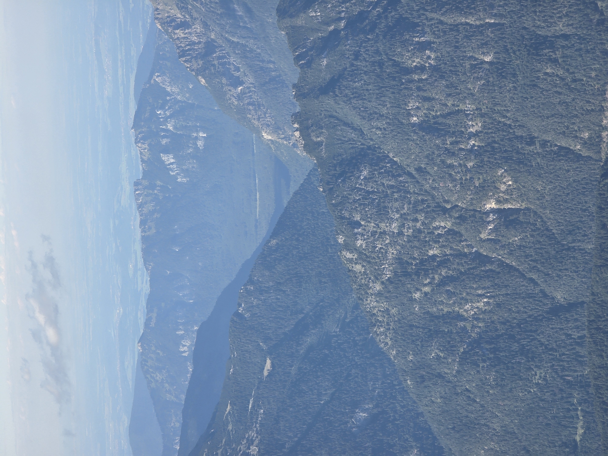 A vertical, aerial view captures a vast expanse of mountains covered in dense, dark green coniferous forests. The mountains are layered, with the closest peaks dominating the foreground and receding into hazy, blue-toned ranges in the distance. Some rocky outcrops and lighter colored patches, possibly clearings or thinner vegetation, are visible on the mountain slopes. In the far background, a hazy landscape with hints of human settlement and lighter colored terrain suggests a valley or plains. The sky above is a pale blue with scattered, soft white clouds. The image is characterized by its depth and the overwhelming presence of natural, forested mountain terrain. The location is the area surrounding Grainau, Germany.
