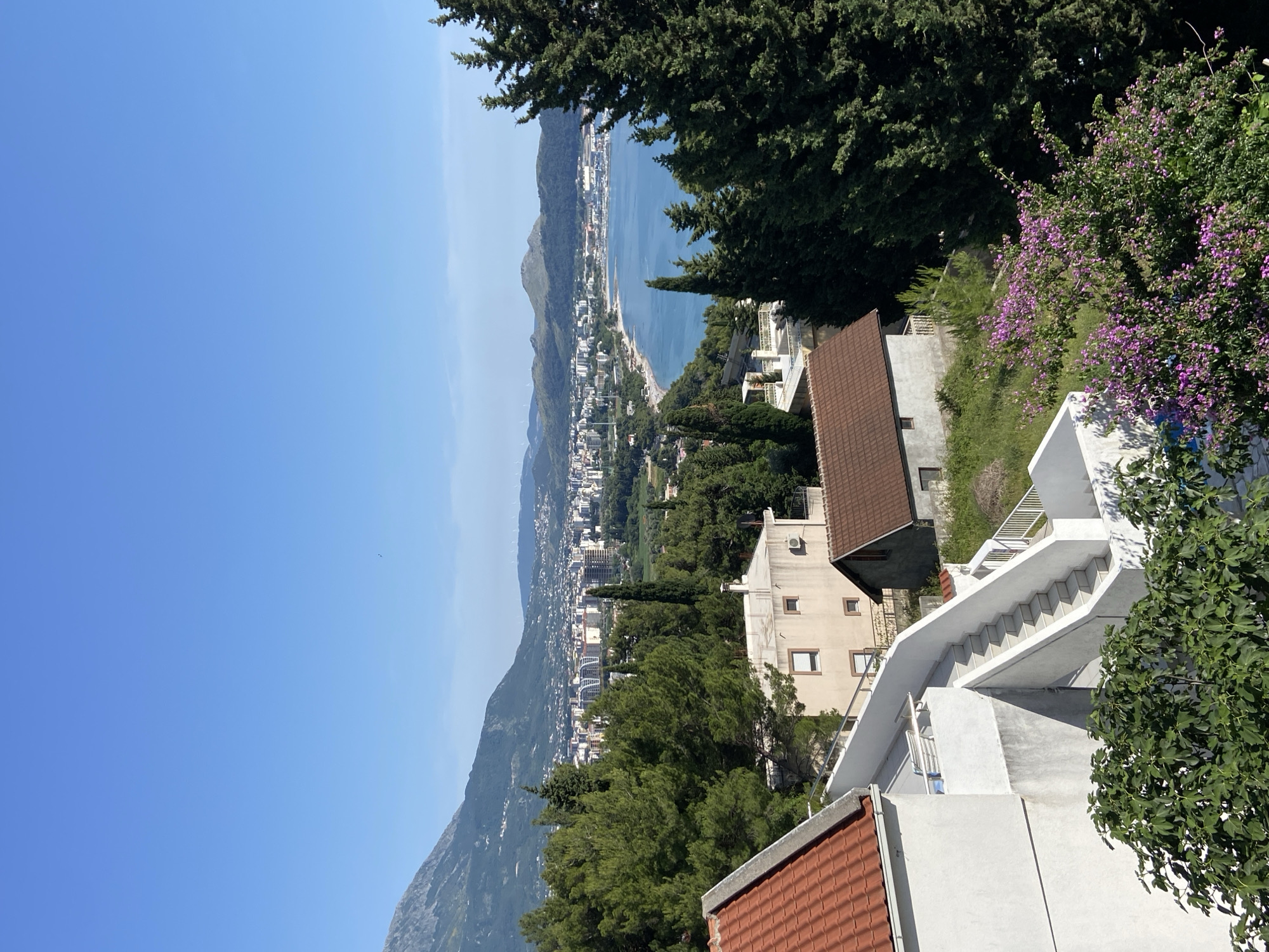 The image shows an elevated view of Šušanj, Montenegro, on a clear day. The Adriatic Sea stretches along the coastline, with mountains visible in the background. The foreground features residential buildings with white exteriors and red-tiled roofs, interspersed with greenery. A prominent set of white concrete stairs ascends a slope near the buildings. Trees frame the upper part of the image, with some flowering purple bougainvillea on the right. The overall scene depicts a coastal town setting with a mix of natural and built environments.
