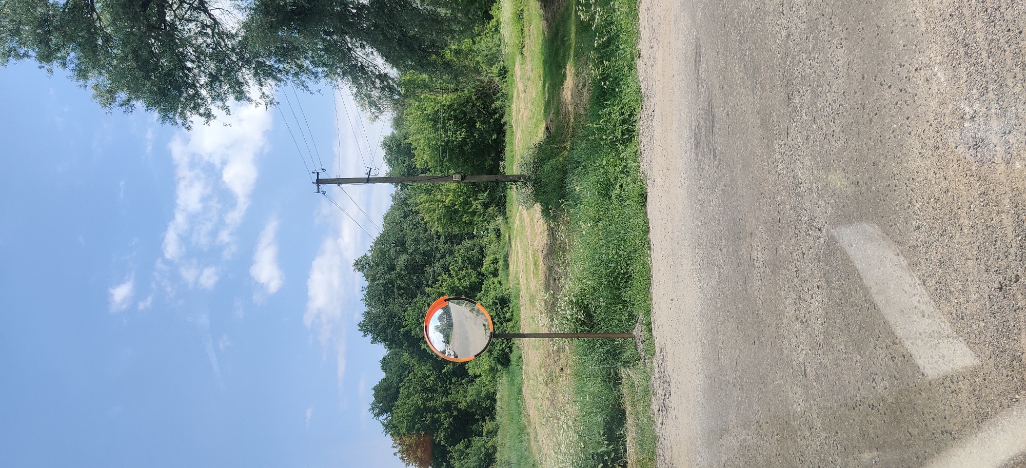 A convex traffic mirror on a metal pole stands next to a dirt road in Kolomak, Ukraine. The mirror reflects a cloudy blue sky and a dense forest of green trees. A wooden utility pole with wires runs parallel to the road, and a thick line of grass and wildflowers borders the roadside. The foreground shows the rough texture of the dirt road, with a hint of a white line painted on it. The scene is bathed in bright daylight under a clear sky with scattered clouds.