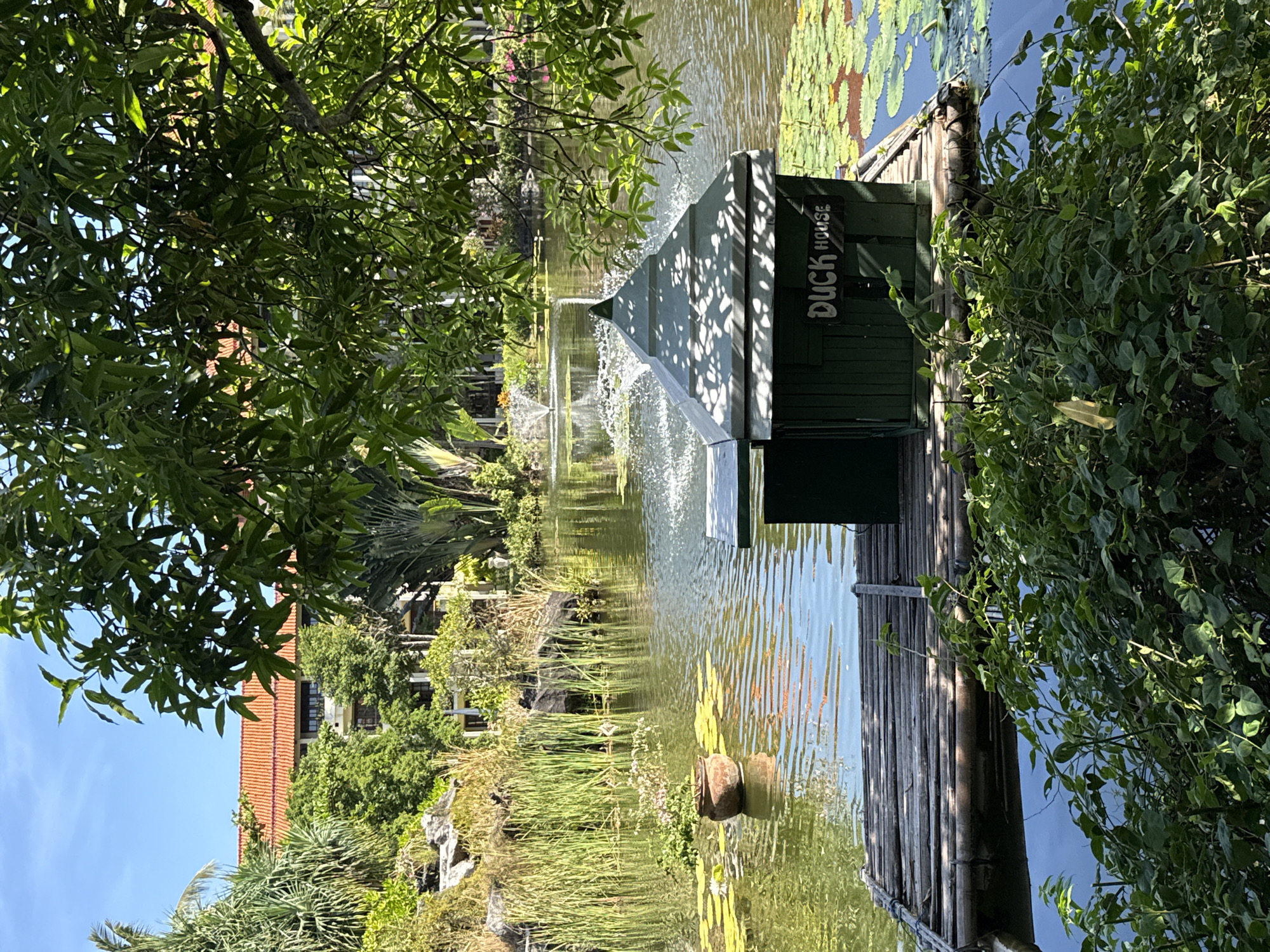 The image depicts a pond with a duck house situated on a wooden dock, possibly in Kuta Selatan, Indonesia, based on the tropical vegetation and architectural style. The duck house is painted dark green and has "DUCK HOUSE" written on a sign. Water lilies float on the pond's surface, and reeds grow along the edge. Fountains are visible in the background, creating a water feature. Lush trees and bushes surround the pond, partially obscuring the view of a building with a red-tiled roof in the distance. The photograph is taken from a low angle, looking slightly upwards towards the duck house.