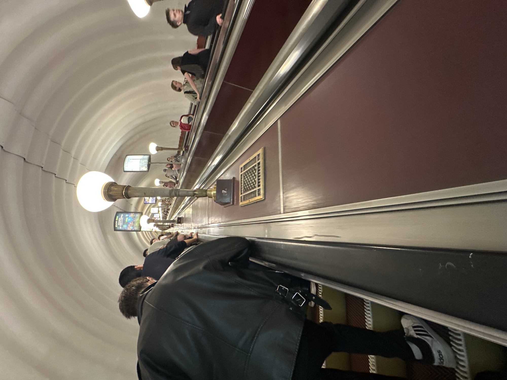 Here is a description of the image:
The image depicts an escalator ride in a Saint Petersburg, Russia, metro station. The interior of the station is visible, including a curved ceiling with lights. Passengers ride both up and down the escalator. Along the sides of the escalator there are decorations on the station wall. The foreground is dominated by a person in a black leather jacket riding the escalator up.
