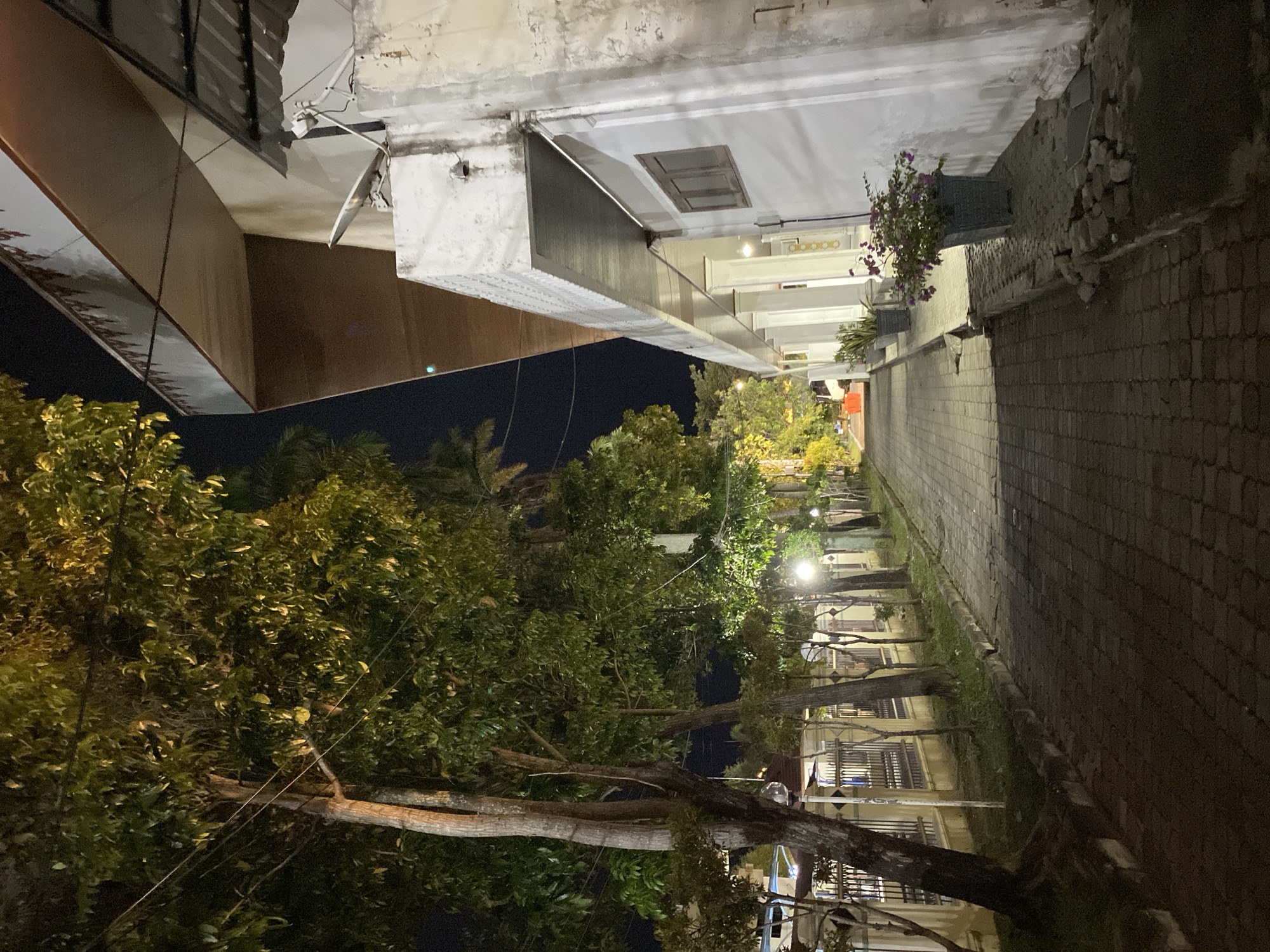 This is a photograph taken at night in Banda Aceh, Indonesia. The image depicts a narrow street lined with buildings and trees. The street is paved with cobblestones and there is a sidewalk on the right side of the image. The buildings appear to be residential or commercial, with windows and balconies visible. Trees with dense foliage line the street, some of which are illuminated by streetlights, creating a dappled effect on the ground.
The photograph is taken from a low angle, looking up towards the buildings. The lighting suggests it is nighttime, with artificial lights illuminating the scene. The sky is dark. There are no people visible in the photograph. The overall mood of the image is quiet and perhaps a little mysterious due to the low light and shadows. The architecture of the buildings and the presence of lush trees are characteristic of a tropical urban environment. Some of the buildings show signs of age and wear, with peeling paint visible on the upper facades.
There is no visible text in the image.