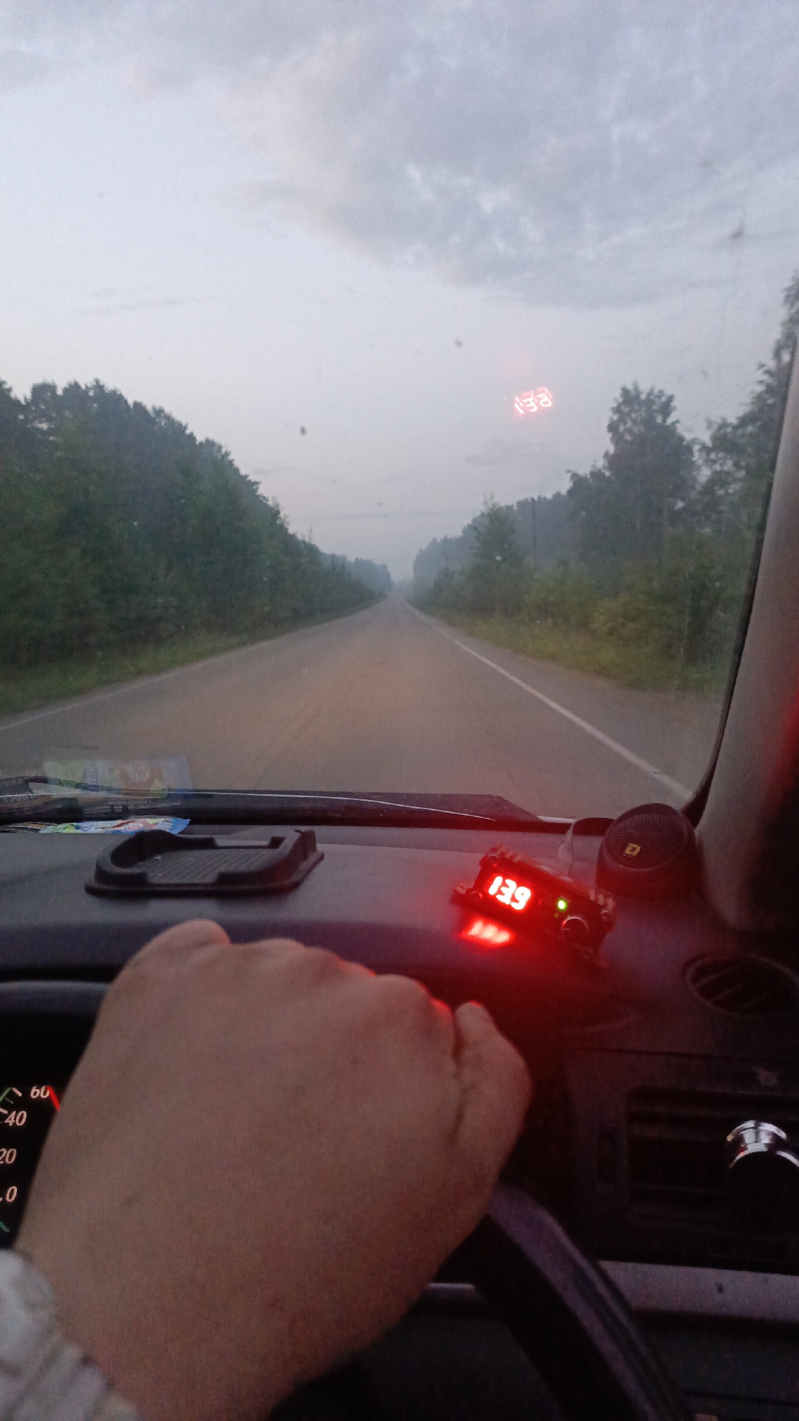 The image is a first-person view from inside a vehicle, looking out at a road that stretches into the distance. The sky is overcast, and the overall lighting suggests either early morning or late evening. Trees line both sides of the road, and a light fog is present.
On the dashboard in front of the driver, a digital display shows the number "139" in red digits. To the left of the digital display, a portion of the vehicle's speedometer is visible, with markings up to "60" and "40". The driver's left hand is on the steering wheel, partially obscuring the speedometer.
The image was captured on a road in the vicinity of Zuy, Russia.