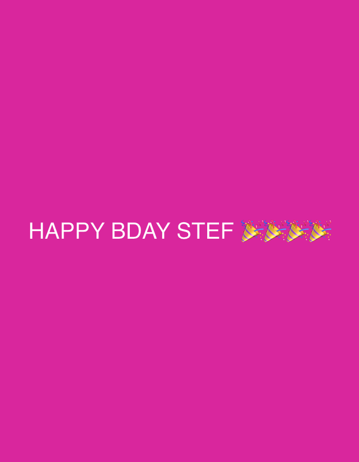 The scene displays a solid magenta background. Centered horizontally and slightly below the vertical midpoint, white uppercase text reads "HAPPY BDAY STEF". Immediately to the right of the text are five identical emoji representations of party poppers or party hats, each yellow with colorful stripes and emitting confetti. No people are visible. No objects other than the text and emojis are depicted. No actions or interactions are visible. The environment is entirely abstract, lacking any geographical or physical context, therefore a location in Milan, Italy, cannot be determined from this image.