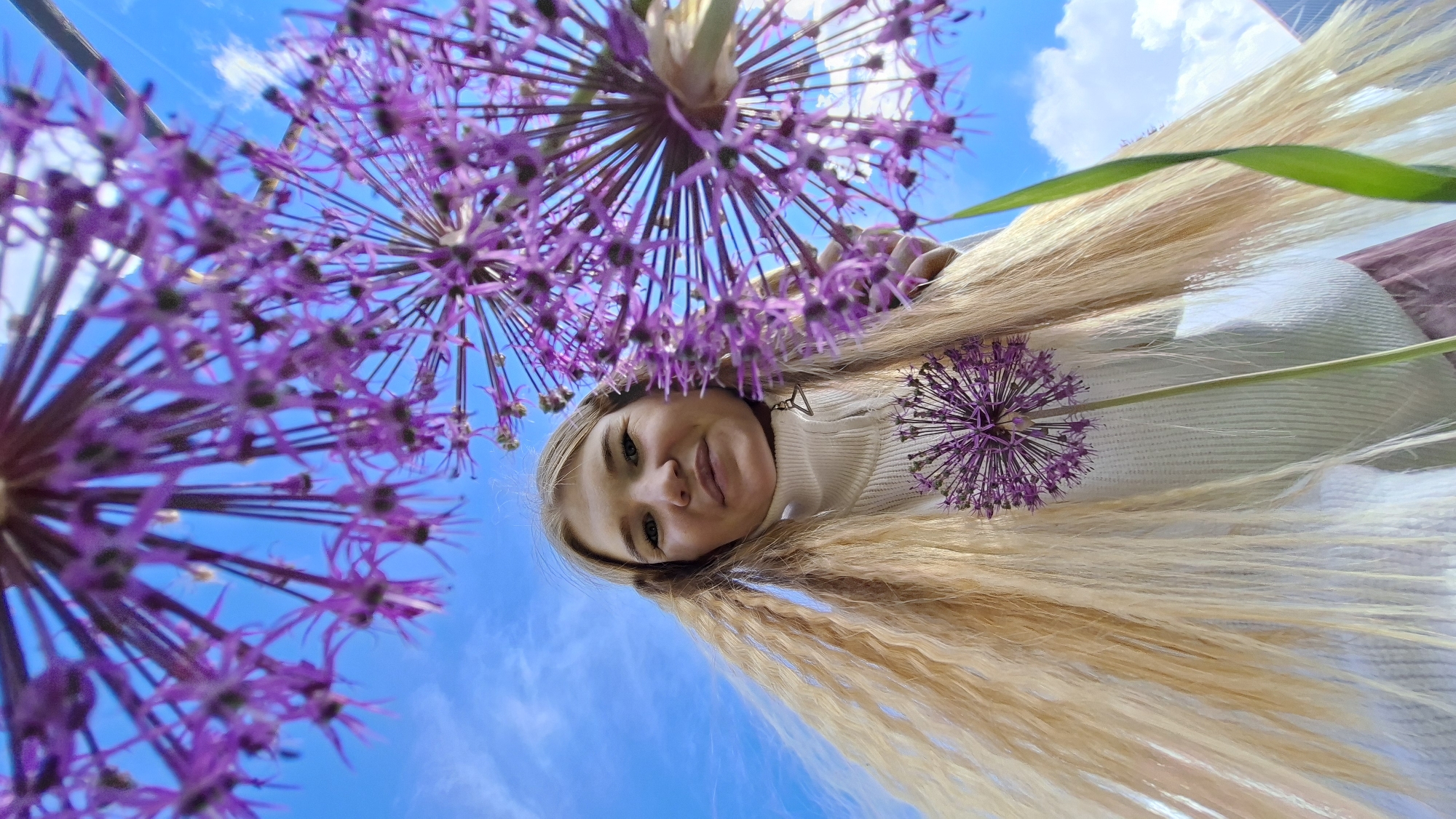 A young woman with long, wavy blonde hair and a gentle smile is the primary subject of this image, captured from a low-angle perspective looking upwards. She is wearing a light-colored (likely white or off-white) turtleneck sweater.
The scene is set outdoors under a bright blue sky with scattered white clouds, suggesting a clear and sunny day. Large, spherical purple allium flowers dominate the upper portion of the frame and appear to be hanging overhead. Their intricate, spiky structures are clearly visible. One smaller purple allium flower is positioned on the right side, resting on or near her hair and shoulder.
The woman appears to be posing for a photograph, with her face framed by the vibrant purple flowers against the expansive sky. The unique upward viewpoint places the viewer beneath the flowers and the woman, creating an immersive and whimsical atmosphere. The location context provided is Большой Букор, Russia. There is no visible text in the image.