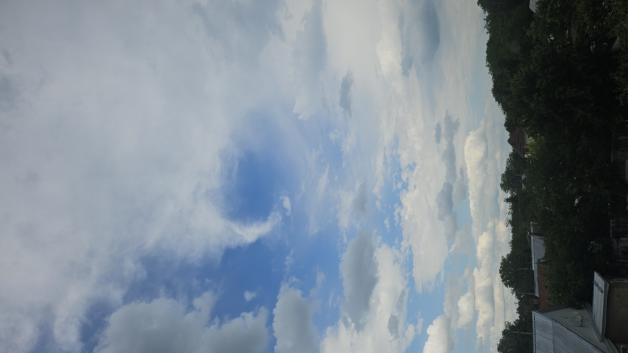 The image depicts a sky filled with a mixture of white and gray clouds against a bright blue sky. In the lower portion of the image, a dense canopy of green trees partially obscures a few houses. The trees are varied in size and density, with some appearing taller and fuller than others. Two distinct houses are visible: one on the left with a silver roof and another on the right with a dark, sloped roof. The overall scene suggests a residential area surrounded by abundant vegetation, under a cloudy sky.