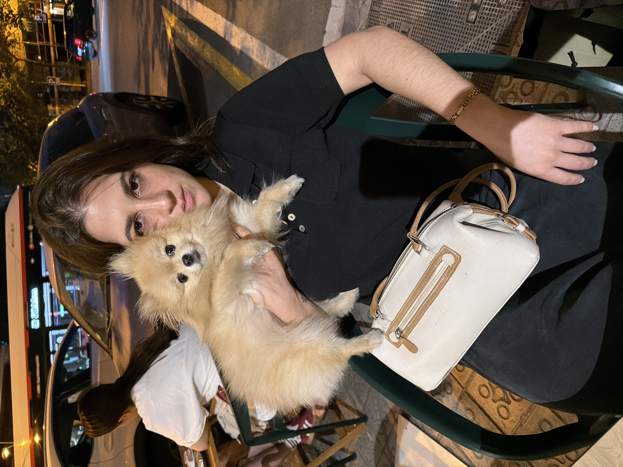 A young woman with medium brown hair is holding a fluffy, light-colored Pomeranian dog in her arms. She is wearing a black collared shirt with buttons. A cream-colored handbag with brown trim and zippers rests on her lap. She is also wearing a gold bracelet on her right wrist. The background appears to be a street scene at night, with a bus and other vehicles visible. The setting is likely an outdoor seating area, possibly a cafe or restaurant, with green chairs and patterned tiling on the ground. The overall impression is a casual, evening encounter.
