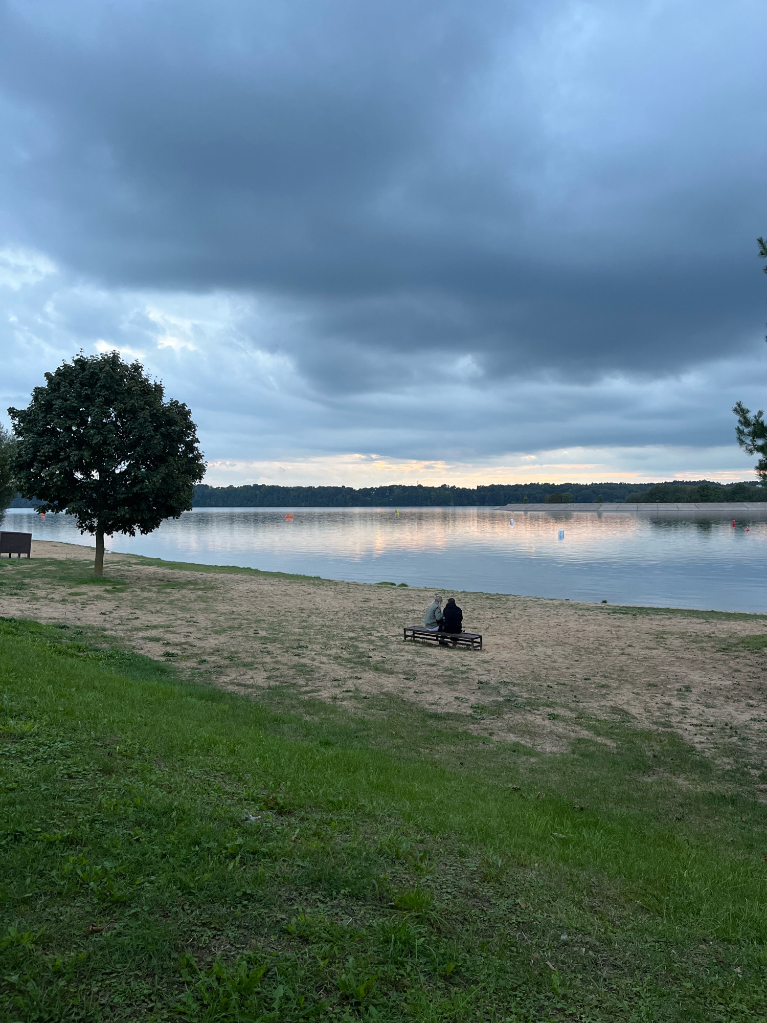 The image depicts a serene lakeside scene on a cloudy day, possibly in Kaunas, Lithuania. The foreground features a grassy slope transitioning into a sandy beach. On the beach, a dark-colored wooden bench is occupied by two individuals, seen from behind, sitting close together. To the left, a large, leafy tree stands prominently. Beyond the beach, a calm body of water stretches towards a treeline on the horizon. The sky is filled with heavy, grey clouds, reflecting subtly on the water's surface. Several buoys are visible scattered across the lake. The overall atmosphere is tranquil and contemplative, suggesting a quiet moment shared by the two people on the bench.