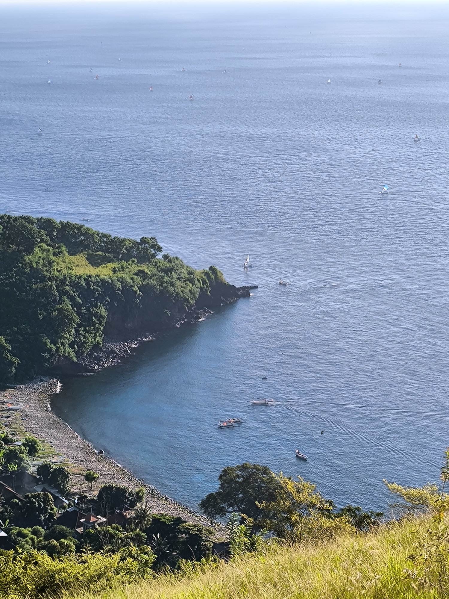 The image shows a coastal scene in an unspecified location in Indonesia. From a high vantage point, the photograph captures a cove with a beach lined by a small village nestled among trees. The village consists of a mix of buildings, some with red tile roofs. The cove is bordered by a lush, green, forested headland. The water is a gradient of blues, with several small boats scattered near the shore and further out to sea. In the distance, numerous small sailboats are visible on the horizon. The foreground is dominated by tall, golden grass growing on the hillside where the image was taken.