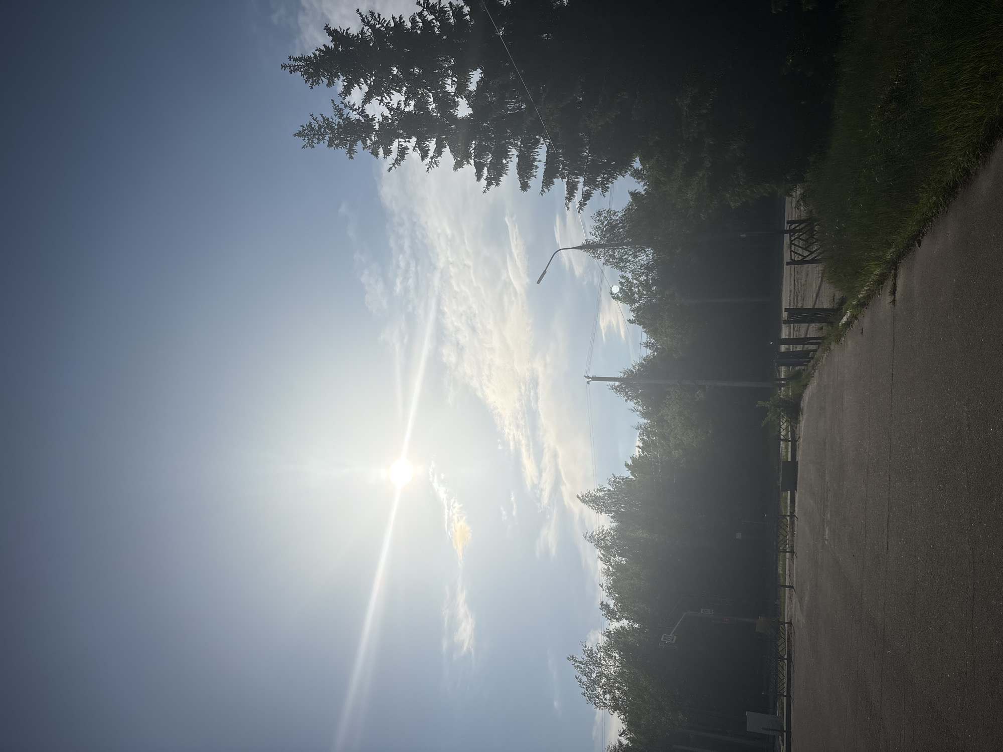 The image depicts a bright, sunlit scene along a paved road, possibly a pathway, in Rusanovo, Russia. The sun, positioned high in the sky, creates a strong glare. The sky is light blue with wispy clouds. Trees line the pathway, their branches visible both overhead and along the side of the road. A few streetlights are visible amidst the trees. A dark fence, possibly bordering a park or wooded area, runs parallel to the pathway. The road surface is asphalt and appears to be in good condition. No people are visible in the scene. There are also street signs.