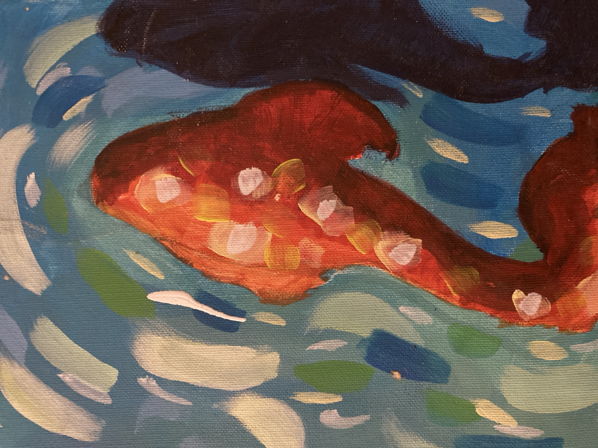 The image is a close-up section of a painting, depicting a stylized, orange-red fish swimming in water. The water is rendered with brushstrokes in shades of blue, green, and white, creating a sense of movement and reflection. Dark blue paint suggests the presence of shadows or objects above the water's surface. The fish has white and yellow accents on its body. The painting is not obviously connected to Budva, Montenegro. There are no people in the scene.