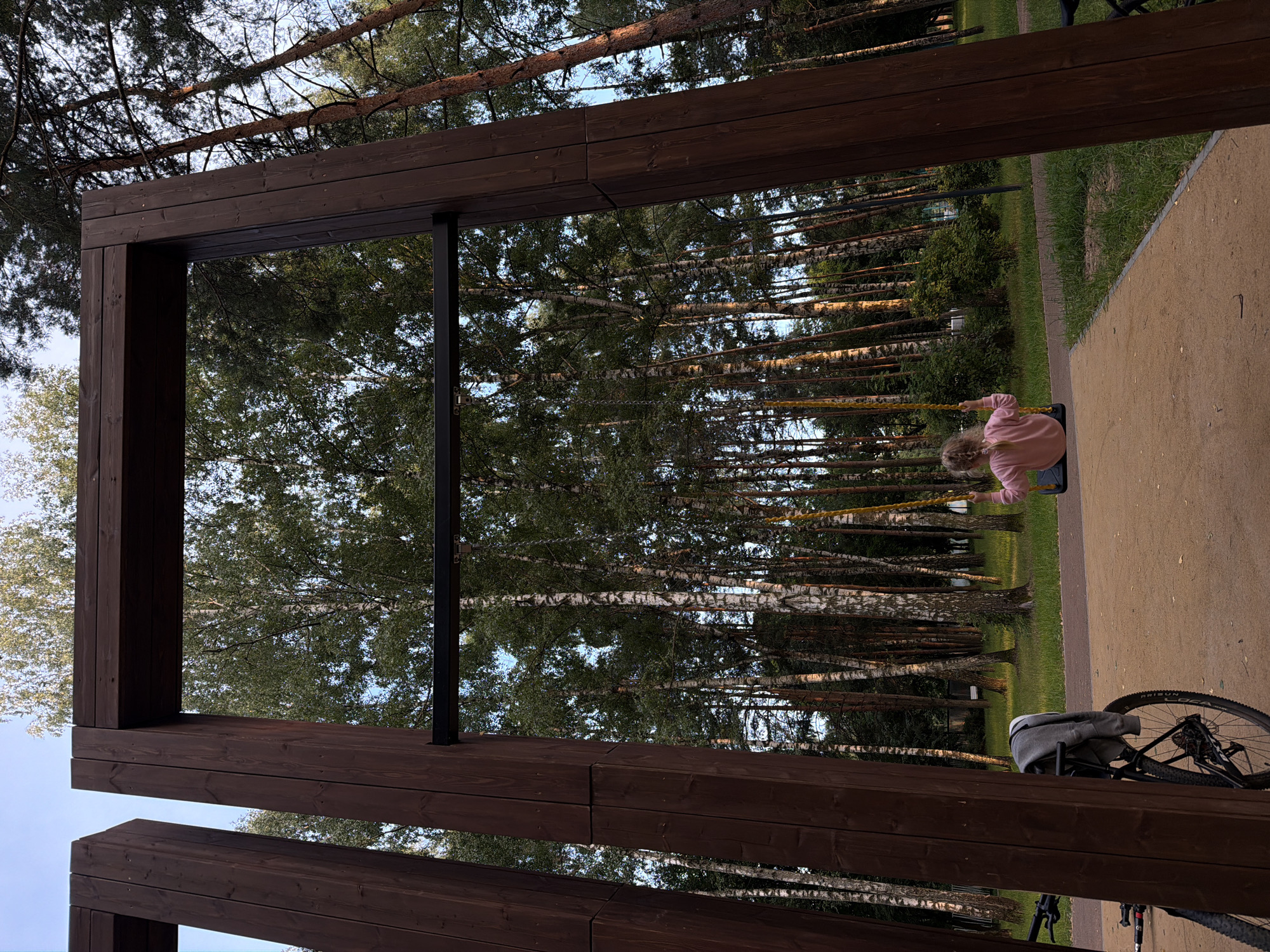 In Malakhovka, Russia, a young girl with braided blonde hair, wearing a pink sweatshirt, sits on a yellow swing. She is positioned in the center of the frame, facing away from the viewer, and appears to be in motion. The swing is suspended from a large, dark wooden structure that forms a rectangular frame. This structure is supported by two thick, vertical wooden beams on either side. The ground beneath the swing is covered with light brown sand. To the left of the swing and partially obscured by a wooden beam, a black bicycle is visible with a gray jacket draped over its handlebars. The background is dominated by a dense forest of birch and pine trees with tall, slender trunks. The sky above is a pale blue with some light clouds. The lighting suggests it is either early morning or late afternoon.