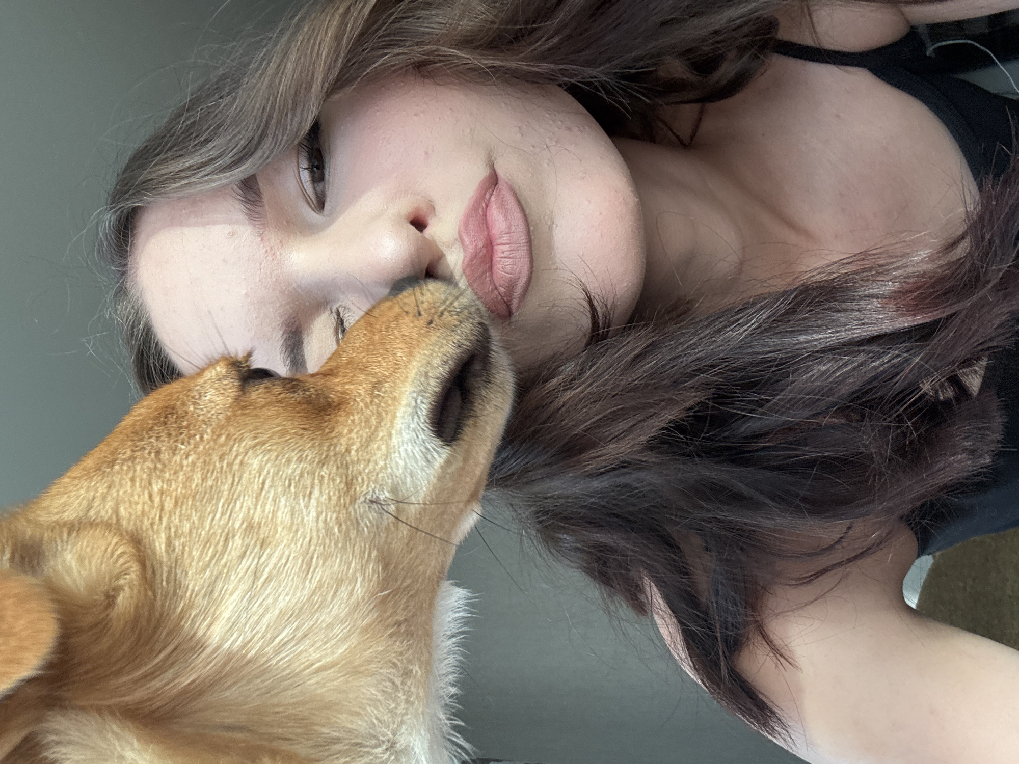 This is a close-up, vertical, selfie-style photograph of a young woman and a dog. The woman's face is partially visible, with her eyes looking upward and her lips slightly parted as if about to kiss or being kissed. Her hair, which is long and dark brown with lighter streaks, frames her face. She is wearing a black tank top.
The dog, which appears to be a medium-sized breed with light brown fur, is leaning in towards the woman's face, its snout touching her lips. The dog's fur is visible in detail, showing its texture and color.
The setting appears to be indoors, with a neutral gray wall in the background. There are no other objects or significant environmental details visible. The lighting suggests it could be daytime, but there are no strong indicators of the time of day or weather. The overall mood of the image is intimate and affectionate, capturing a moment of connection between the woman and her pet. There is no visible text in the image. The provided location context of Inskoy, Russia, does not offer any visual cues within the image itself.