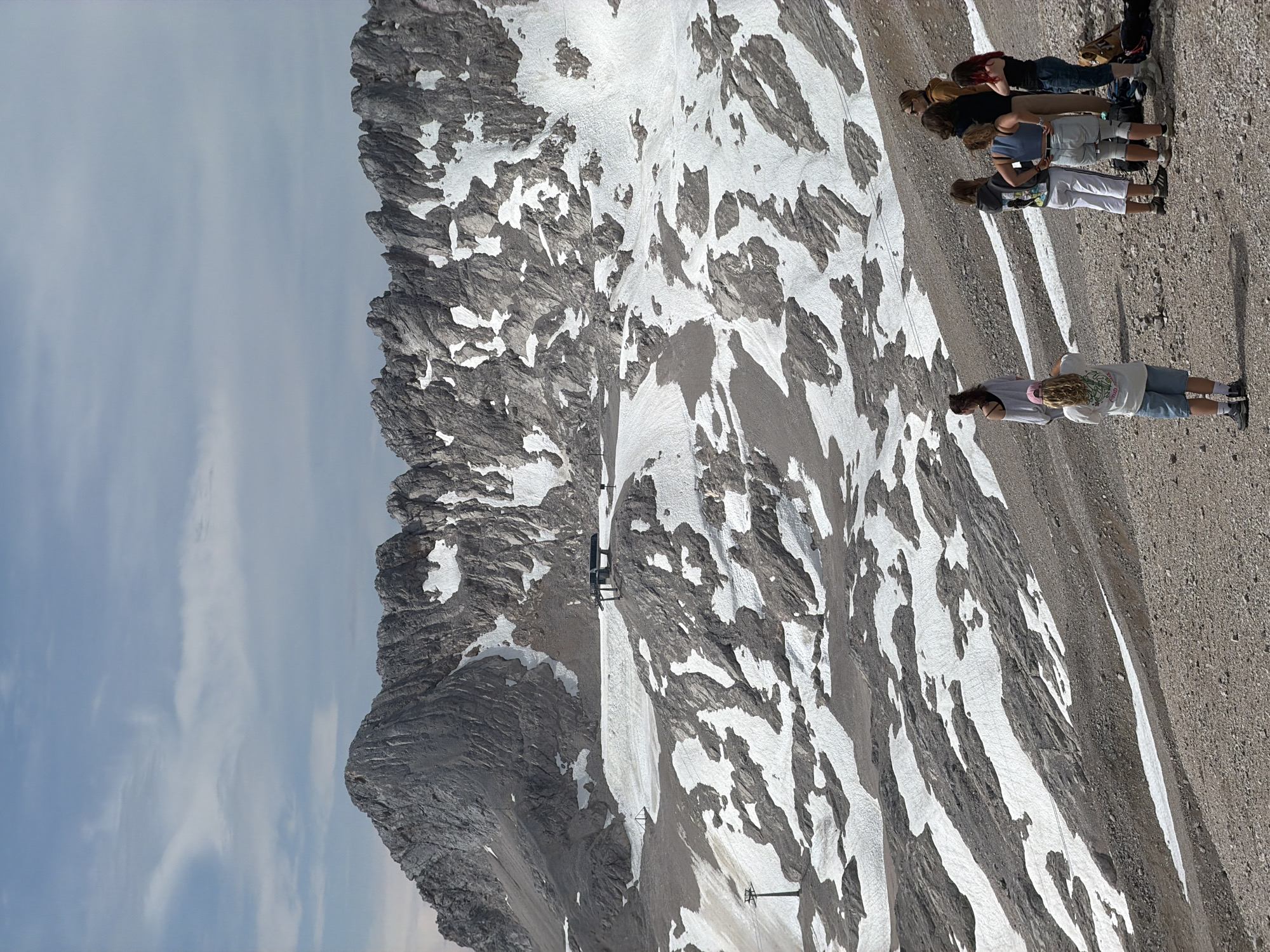 A group of seven people are gathered on a rocky, mountainous terrain dotted with patches of snow under a partly cloudy sky. The individuals are standing in various poses, some looking towards the camera, others towards the vast mountain range in the background. One person in the foreground is taking a photo with a phone.
The environment is a high-altitude landscape, likely at the Zugspitze, Germany's highest peak, near Garmisch-Partenkirchen. The mountains in the background are rugged and grey, with remnants of snow clinging to their slopes. There are structures visible on the mountain, possibly related to ski lifts or observation points, suggesting this is a tourist or recreational area. The ground is covered in gravel and small stones. The lighting indicates it is daytime.