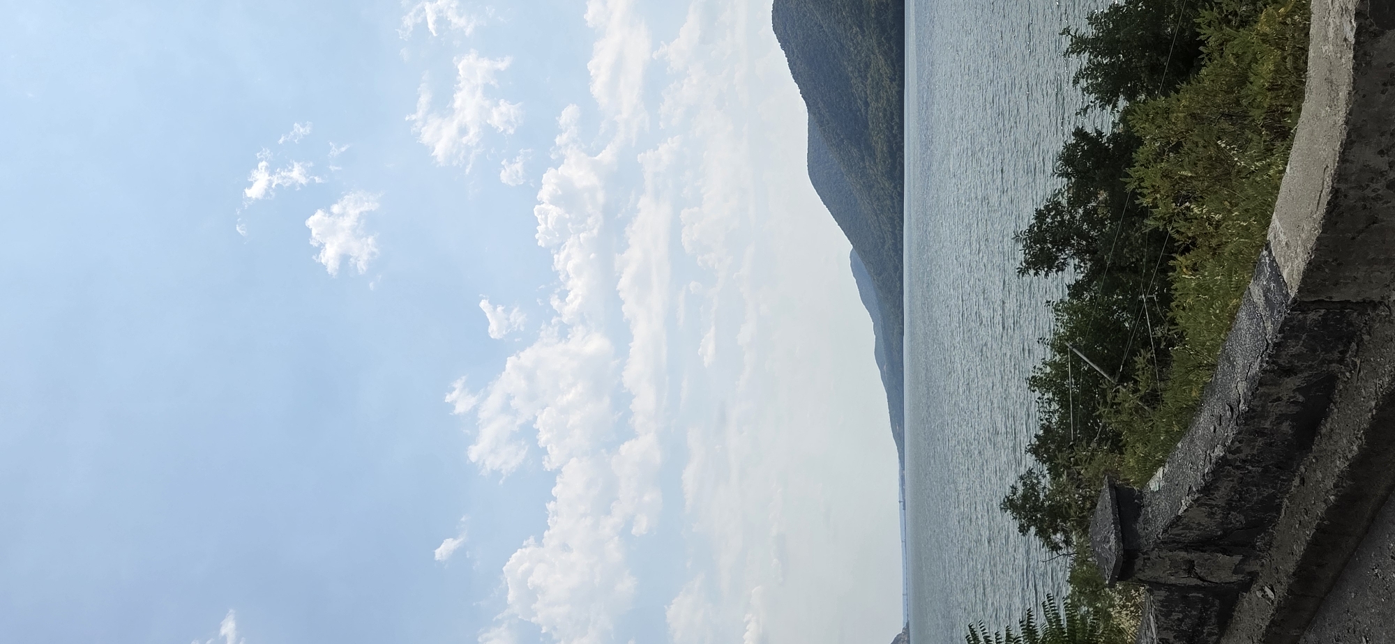 The image depicts a serene natural landscape under a partly cloudy sky. A wide body of water, possibly a river or lake, dominates the midground. The water appears calm with ripples, reflecting the light. In the distance, rolling hills covered in dense green vegetation form the horizon, their slopes softened by the atmospheric haze.
In the foreground, a weathered concrete barrier runs along what appears to be a roadside or viewpoint. The barrier shows signs of age and wear, with cracks and chipped surfaces. Behind the barrier, lush green foliage and trees provide a natural border to the water. The overall impression is one of a peaceful, scenic location, likely a popular spot for observation or recreation, possibly within or near Ilovița, Romania, given the context provided. The scene is devoid of any people or specific actions.