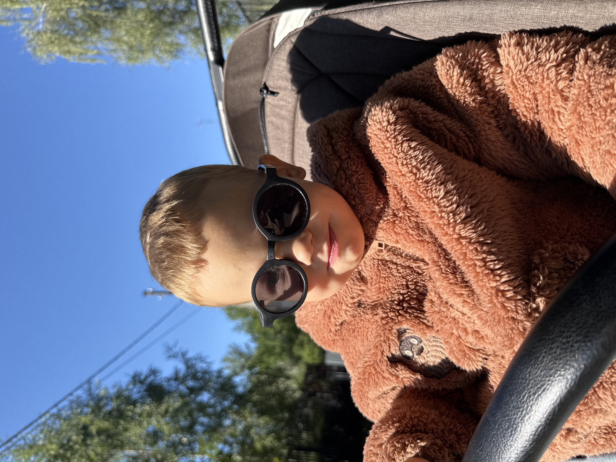 In Rusanovo, Russia, a young child with blonde hair is seated in a stroller on a sunny day. The child is wearing round, black sunglasses and a fuzzy, reddish-brown onesie with a bear design on the chest. The stroller's interior is a muted brown with a grey quilted pattern. A black stroller handle is visible in the foreground. The background consists of a clear blue sky and green trees, suggesting an outdoor, possibly park-like, setting.