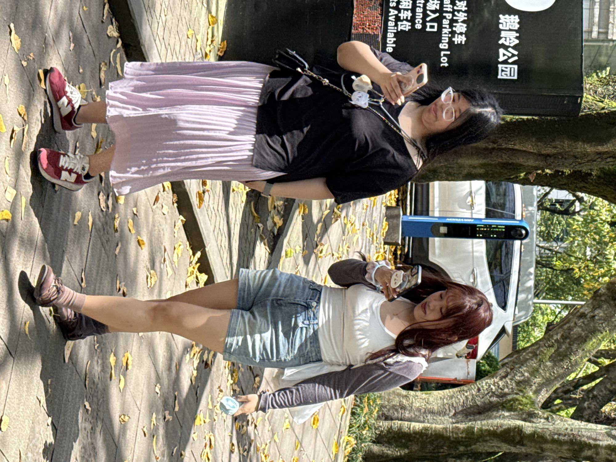 Two women are on a walkway in the Yuzhong District, China, near an informational sign for the Goose Neck Park Parking Lot. The walkway is paved, and scattered with fallen yellow leaves. The first woman is wearing a pink pleated skirt, black top, and red and white sneakers; she is holding a phone. The second woman is wearing denim shorts, a white top with a grey long-sleeved shirt underneath, brown shoes and socks, and is also holding a phone and a small container. Trees and a vehicle are visible in the background.