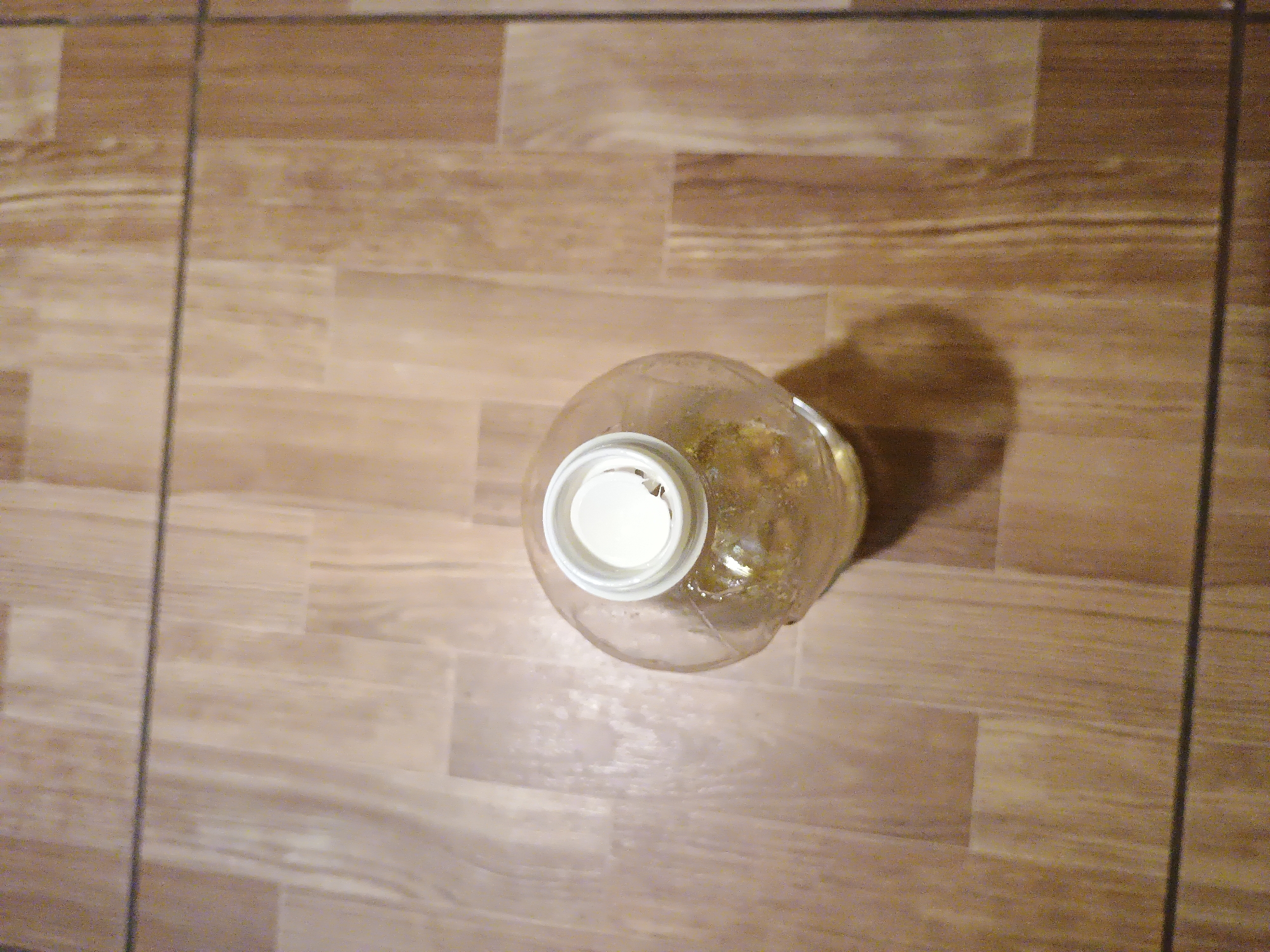 An overhead, close-up shot captures the top of a clear plastic bottle with a white cap on a wooden floor. The bottle contains a light-colored liquid, possibly water or a beverage, with some sediment or particles visible within. The floor is composed of rectangular wooden planks laid horizontally. A thin, dark line runs across the image, indicating a grout line or a transition between floor sections. No individuals are present, and the scene appears to be indoors, likely in a residential setting in Zaporizhzhia, Ukraine.