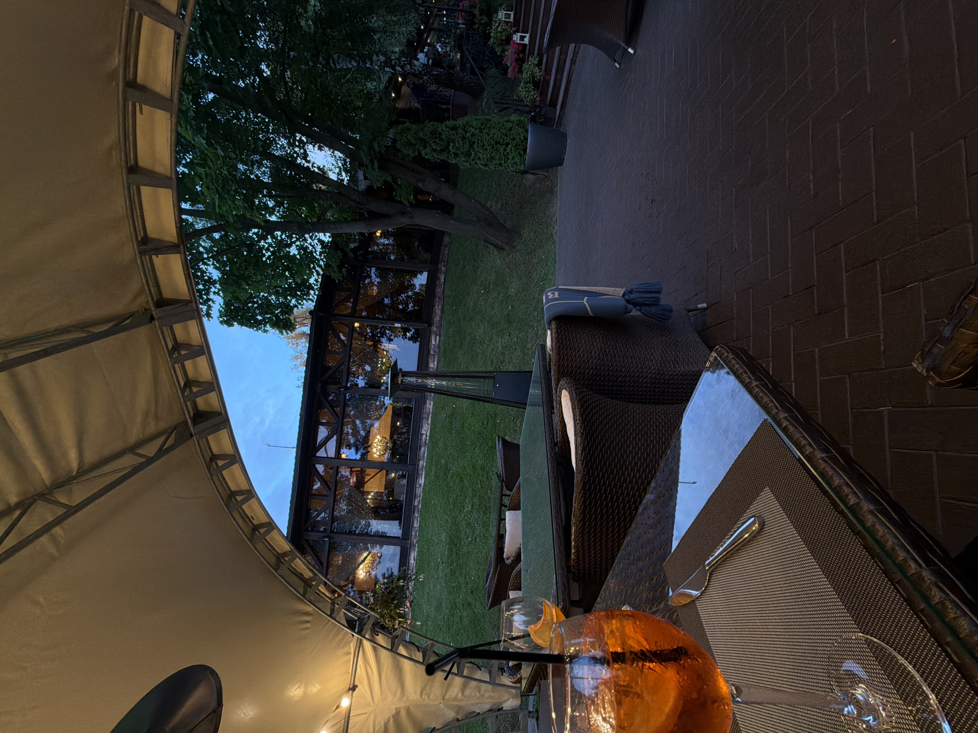 The image depicts an outdoor seating area of a restaurant or cafe, possibly in Izmailovo, Russia, given the context provided. The scene is set at dusk or early evening, with the sky a deep blue. A large, beige awning covers a portion of the seating area, supported by metal beams. Underneath the awning, there are tables and chairs made of woven material. In the foreground, a table with a glass top holds a glass of orange aperitif with ice and a slice of orange, accompanied by a straw and a silver utensil. Beyond this table, other outdoor furniture is visible, including wicker chairs and a patio heater.
Behind the seating area, a well-maintained green lawn slopes upwards towards a building with large windows, through which interior lights and chandeliers are visible. A mature tree with dense foliage stands to the right of the lawn. Further to the right, a set of outdoor stairs leads up to an entrance, flanked by potted plants and decorative lanterns. The ground in the foreground is paved with dark bricks laid in a herringbone pattern. The overall ambiance suggests a relaxed, evening dining experience. There are no visible people in the image, but the setup implies a place that caters to customers.