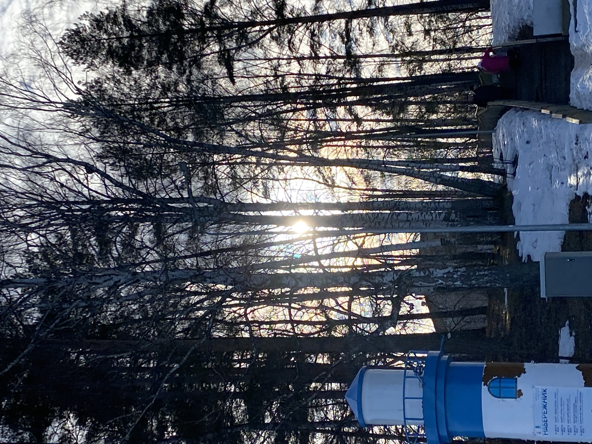 The image captures a winter scene in Chaikovsky, Russia. The sun is low in the sky, shining through bare trees. The branches create a web-like pattern against the sky. A small, white and blue lighthouse replica stands in the foreground. A walkway is present with patches of snow alongside it. A person in a pink jacket can be seen in the upper right of the image.