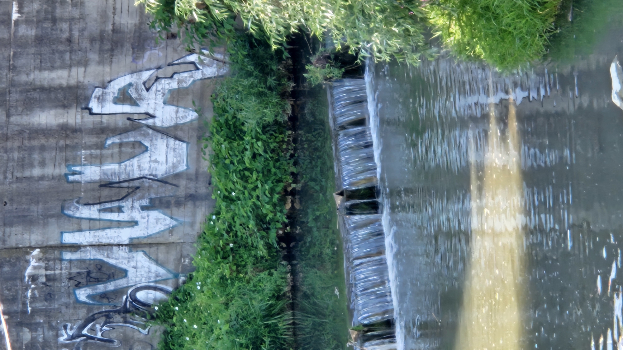 The image depicts a section of a concrete retaining wall covered in graffiti, situated along a small, slow-moving body of water. A man-made waterfall, constructed from concrete blocks, is visible in the foreground, with water flowing over it. Lush green vegetation, including trees and bushes, lines the banks of the watercourse. The graffiti on the wall appears to be stylized lettering in white with blue outlines. The overall scene suggests an urban or semi-urban environment, likely a canal or a small river within the city of Prešov, Slovakia, given the context. There are no people visible in the image.