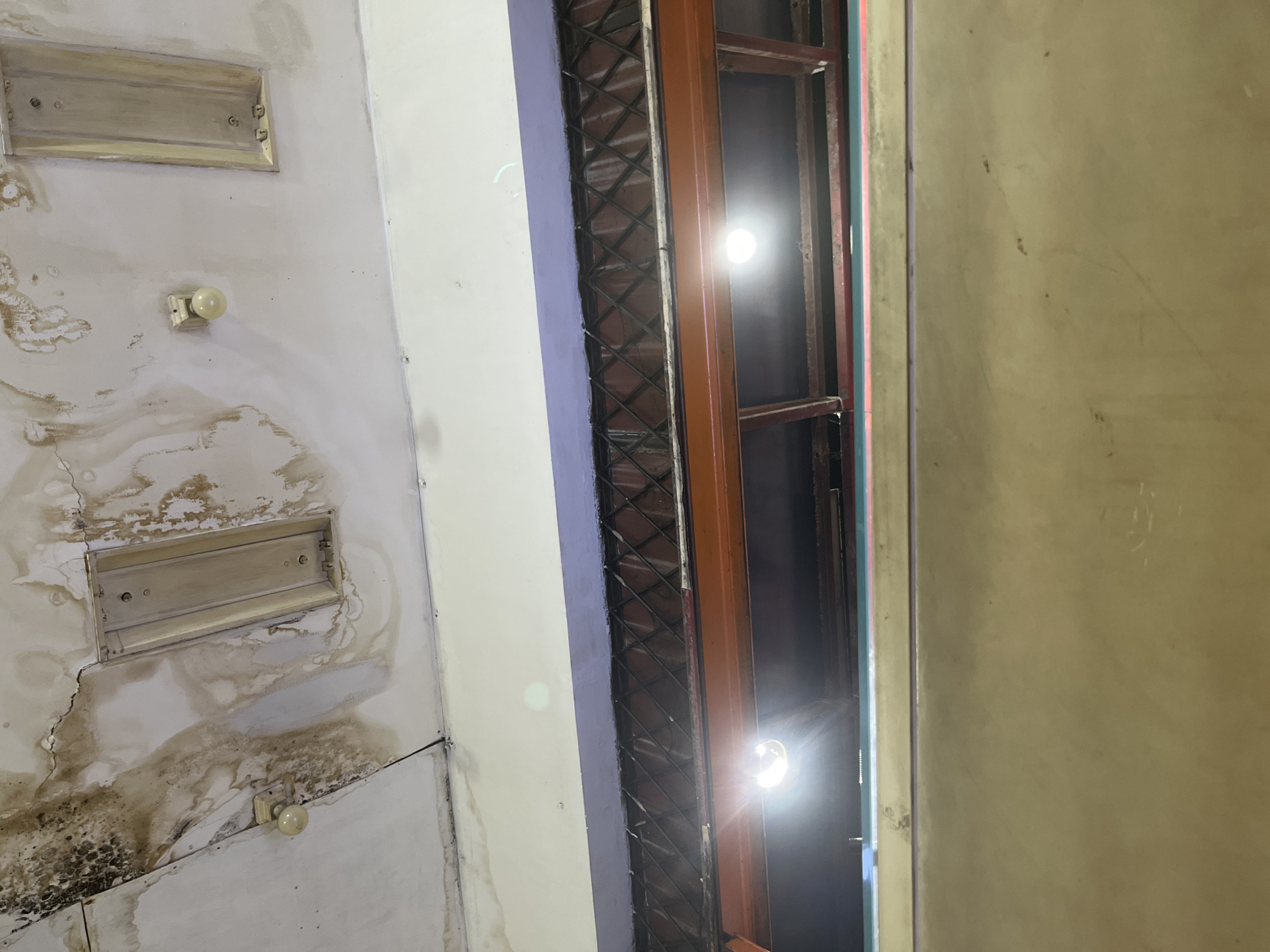 The image shows an interior ceiling with water damage and stains, appearing to be in a state of disrepair. There are two ceiling lights visible, one on the left side with a visible bulb and a faint crack in the ceiling above it, and another more prominent light on the right, also with a visible bulb. In the background, there is a layer of purple paint above a metal grate. Below this is a lower structure with red framing and more ceiling lights, one of which is brightly illuminated. The lower portion of the image shows a beige surface, possibly a wall or another ceiling, with some faint marks and what appear to be small insects. The overall scene suggests an indoor environment experiencing water intrusion and neglect. No specific location in Central Jakarta, Indonesia, can be determined from the image alone.