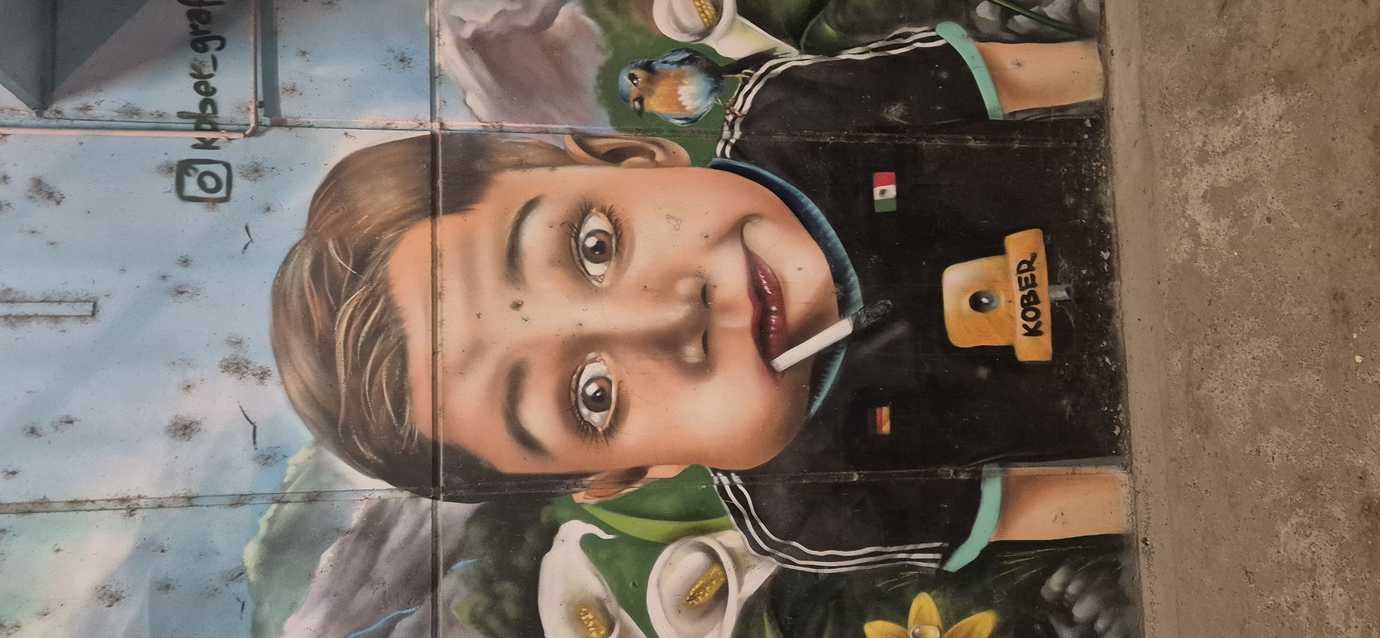 The image shows a mural of a young boy with puffed-out cheeks, a cigarette in his mouth, and wide eyes. He is wearing a black t-shirt with a light blue collar and white stripes on the sleeves. On the left side of his chest is a small German flag, and on the right is a small Mexican flag. Below the flags, on the shirt, is an orange spray paint can cap with the word "KOBER" written on it. A small blue bird with an orange breast is perched on the boy's right shoulder. In the background, there are white calla lilies and green foliage. The mural is painted on a textured surface, possibly concrete blocks. There is an Instagram logo and the text "kober_graf" in the upper right corner of the mural, indicating it is the work of an artist named Kober. The mural is located on a wall in Budenheim, Germany.
