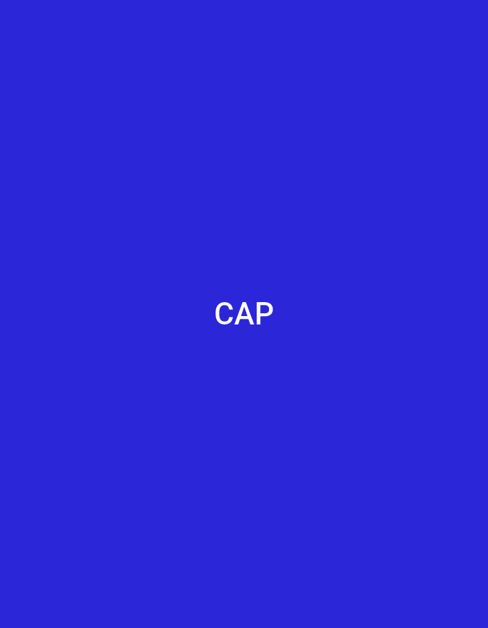 The image displays a solid royal blue background with the white, uppercase text "CAP" centrally positioned. No people, subjects, objects, actions, interactions, or discernible environmental details are depicted within the image. The scene is located in Casablanca, Morocco.