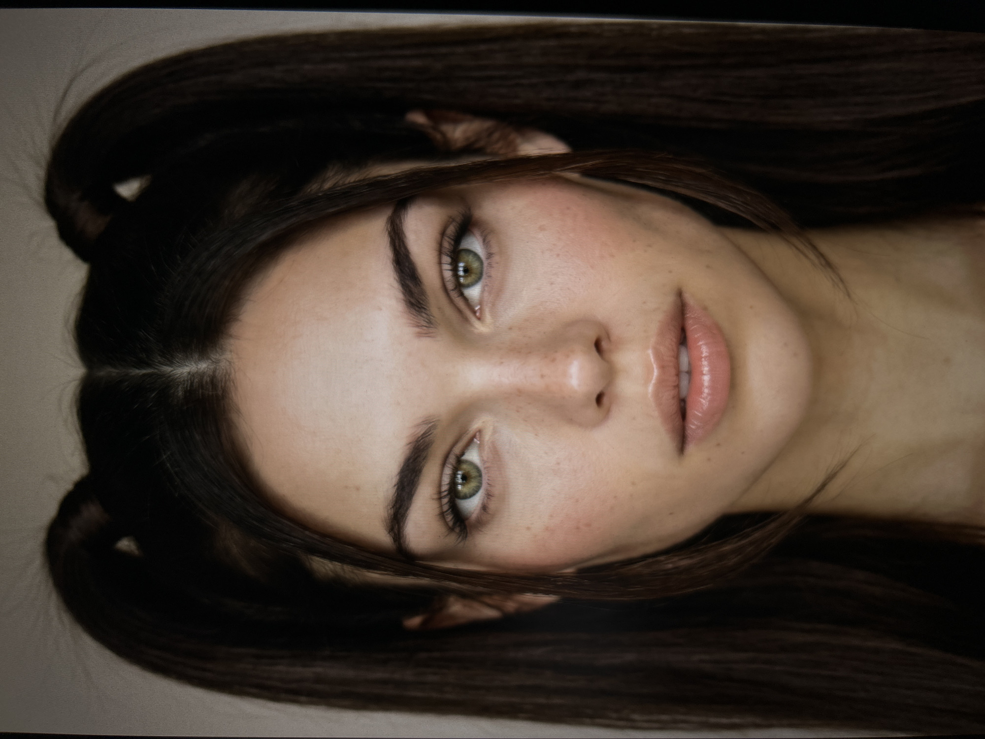 A headshot portrait of a young woman with dark brown hair styled in two pigtails. She has light skin with freckles, green eyes, and full lips. The background is a neutral, light-colored wall. The woman is centered in the frame, facing directly at the camera.