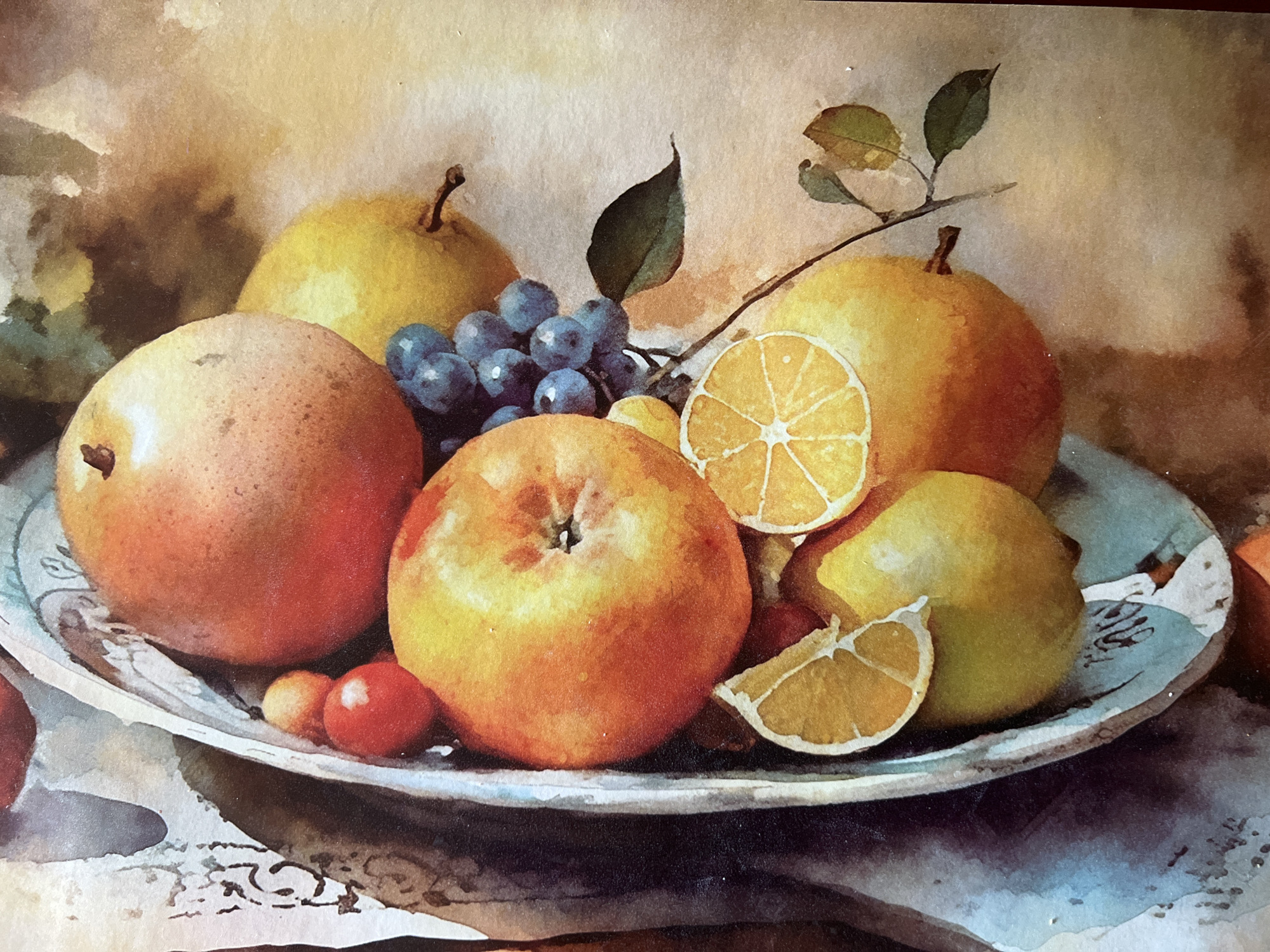 This is a watercolor painting of a still life featuring a collection of fruits arranged on a platter. The subjects include apples, pears, grapes, and sliced lemons, with a few small red berries also visible. The fruits are depicted with soft, blended colors, characteristic of watercolor technique, and show varying shades of yellow, orange, red, and blue. Some of the fruits appear ripe, with subtle highlights suggesting their roundness.
The platter itself is detailed with a decorative rim, painted in a soft blue and white pattern, resting on a textured surface that resembles a tablecloth. A delicate branch with a few green leaves arches over some of the fruits, adding a naturalistic touch. The background is a muted wash of warm, earthy tones, creating a soft and unfocused setting that draws attention to the fruit arrangement.
There is no specific activity or event taking place; it is a static composition. The lighting appears soft and diffused, suggesting an indoor setting without strong directional light, perhaps an artist's studio or a home. The overall mood of the painting is calm and serene, emphasizing the beauty and texture of the fruit. No text is visible in the image. The location context of Minsk, Belarus, does not provide any specific visual cues within the painting itself, as it is a generic still life composition.
