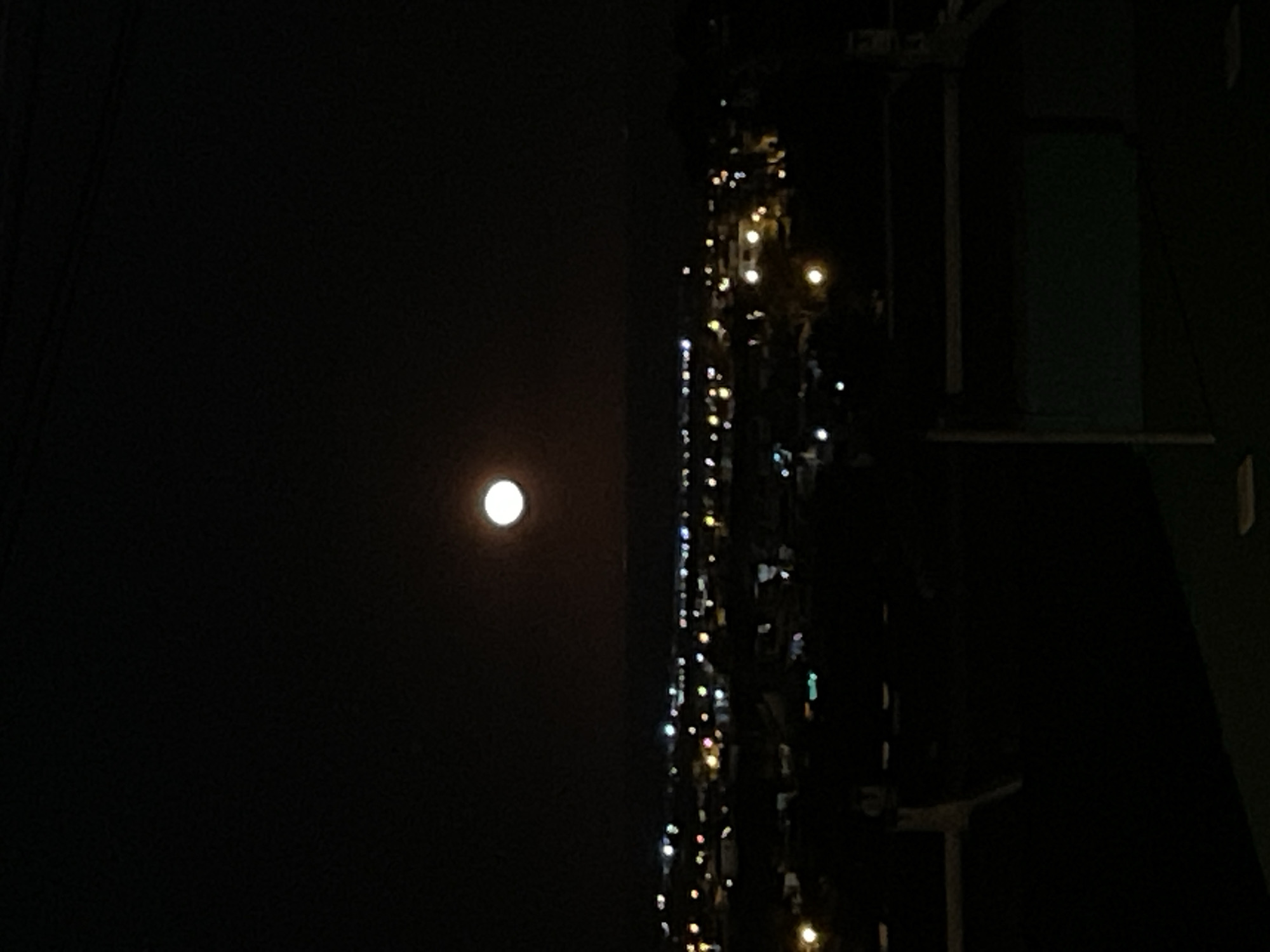 The image, likely taken at night in Rojales, Spain, shows a dark scene punctuated by artificial lights and the moon. On the left, a solid dark surface, possibly a building wall, is visible with the moon as a bright, round object near the center of the left half. To the right of the wall, a vertical line of illuminated objects is present, most likely string lights. Further to the right, there are darker structural elements. It is impossible to discern fine details or make definitive statements about the exact location, people, or actions without further information.