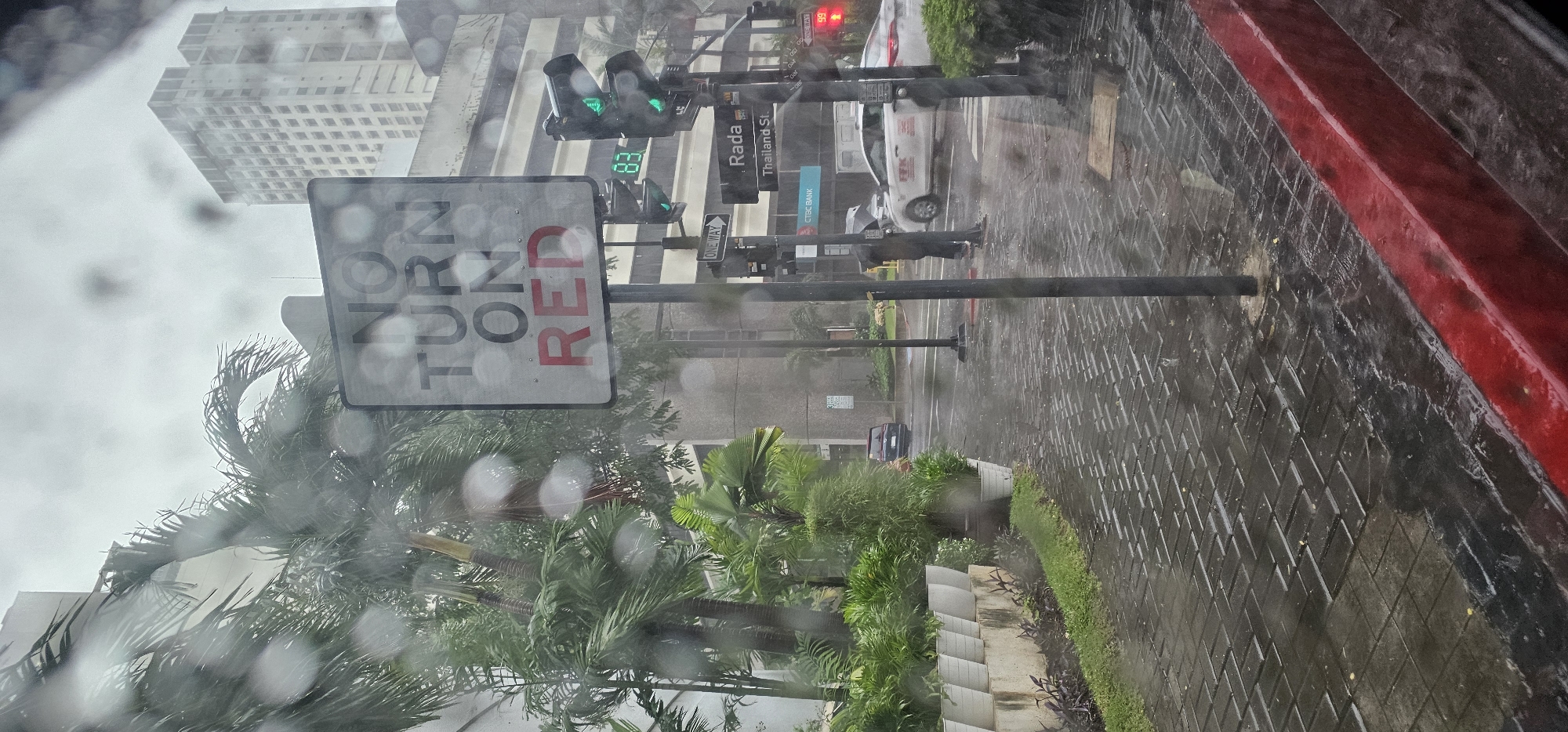 The image depicts a street scene in Makati, Philippines, during a downpour, as evidenced by the water droplets on the camera lens and the wet pavement. A prominent "NO TURN ON RED" sign is visible, indicating traffic regulations. In the background, modern buildings and lush palm trees suggest an urban environment. Traffic lights are illuminated with green signals, and vehicles, including a white car with the "FFK" logo, are navigating the wet road. The street is paved with dark bricks, and a red curb runs along the side. The weather is overcast, contributing to a somber atmosphere.