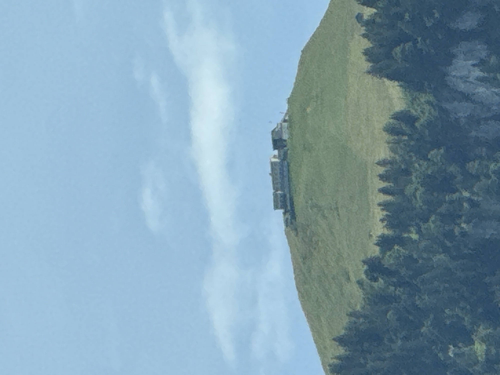 The image displays a panoramic view of a lush green mountain peak topped with a cluster of buildings. The peak is situated in Beckenried, Switzerland, and is surrounded by a dense forest of dark green pine trees at its base. The sky is a pale blue, with thin, wispy white clouds scattered across it. The buildings on the mountaintop appear to be a hotel or a complex of residences, with multiple structures connected by walkways. One building has a distinct flat roof and a series of windows. The overall impression is one of a serene mountain landscape with human habitation at its highest point.