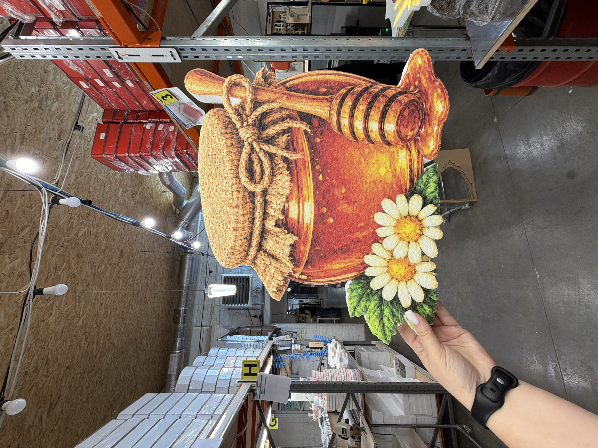 In an indoor warehouse environment, a person's arm and wrist, adorned with a black smartwatch, are visible in the foreground, holding a cutout of a honey jar with a honey dipper and two daisies. The cutout is positioned in front of a large, illuminated advertisement featuring the same imagery. The background reveals industrial shelving units stacked with various products, including red boxes and white packaging. Overhead, exposed ceiling structures with lighting fixtures and ventilation systems are present. A person is partially visible in the distance, walking through a corridor between shelves. The floor is a dark, concrete surface.