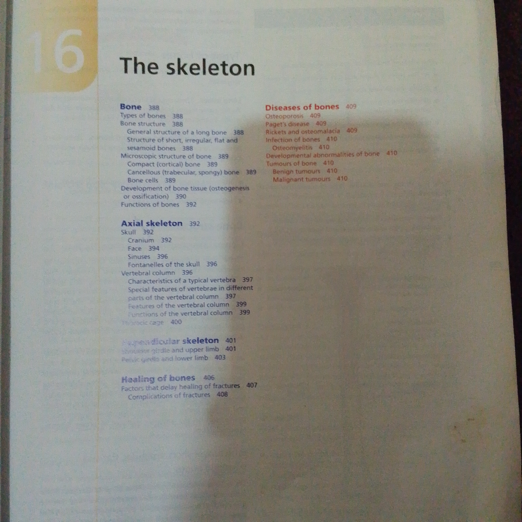 The image is a photograph of a book's index, featuring a list of topics related to "The skeleton." The index is divided into sections such as "Bone," "Axial skeleton," "Diseases of bones," "Appendicular skeleton," and "Healing of bones," each with sub-topics and corresponding page numbers. The page number "16" is prominently displayed in the upper left corner of the image. The lighting suggests an indoor environment, possibly a library or study.