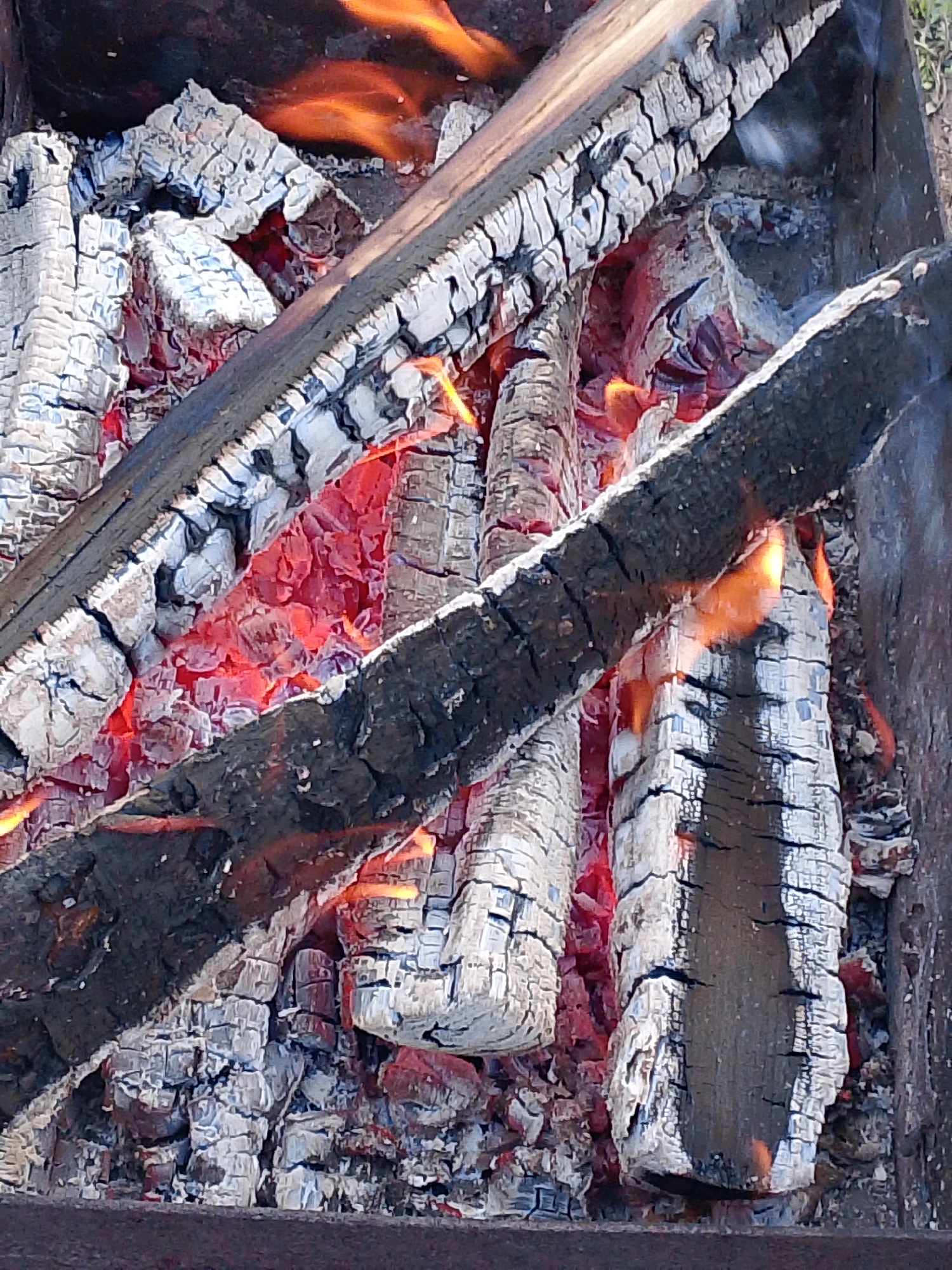 The image depicts burning wood inside a metal container, presumably a brazier or fire pit. The wood is partially burned, showing both black charred surfaces and areas where the wood has turned to ash. Red embers are visible between the logs, and some small flames are present. The metal container appears weathered and possibly rusted. The image was taken in Прикамский, Russia.